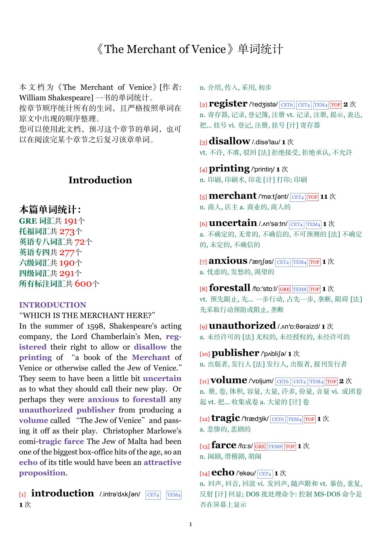 The Merchant of Venice章节单词统计