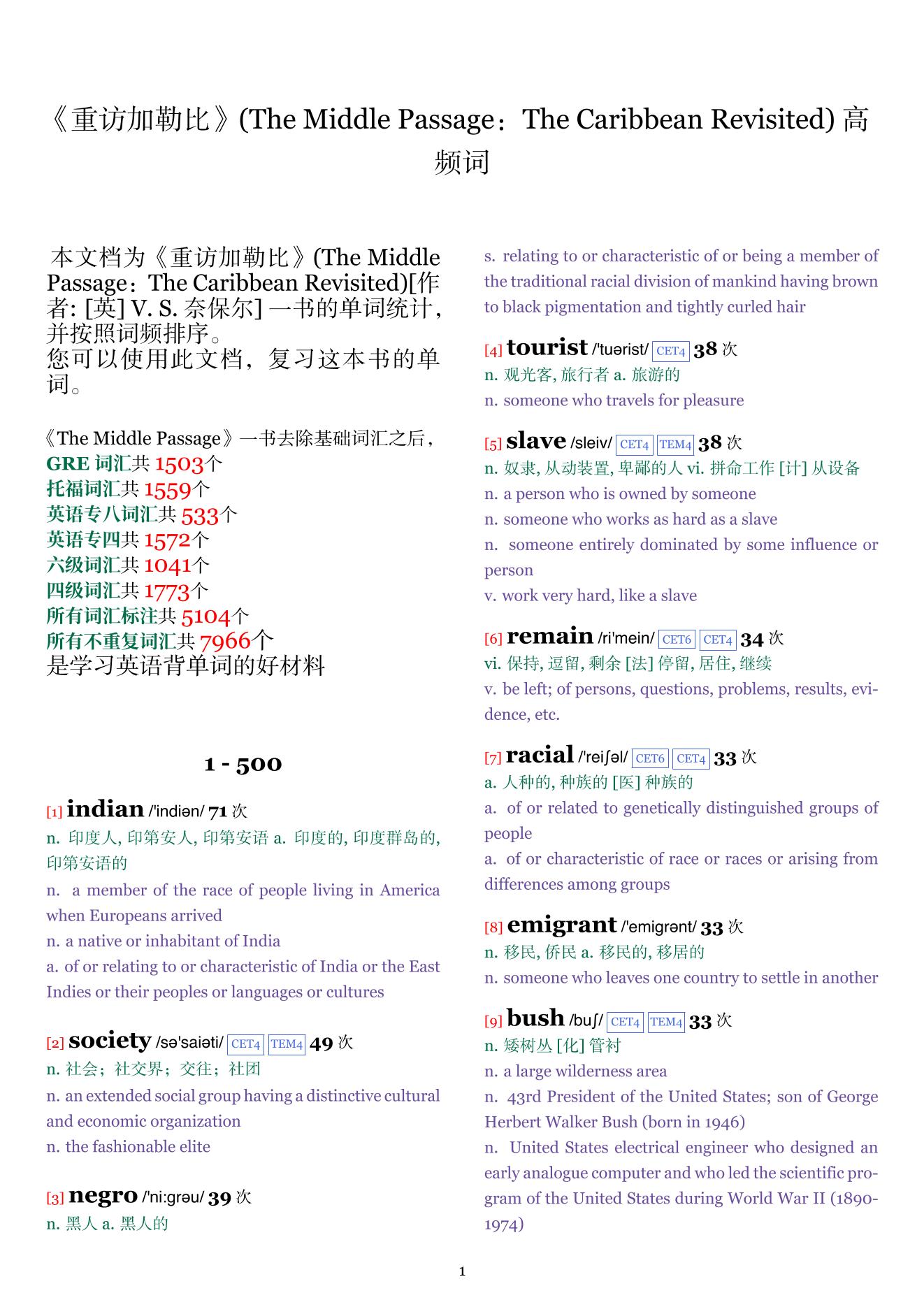 The Middle Passage:The Caribbean Revisited词频统计