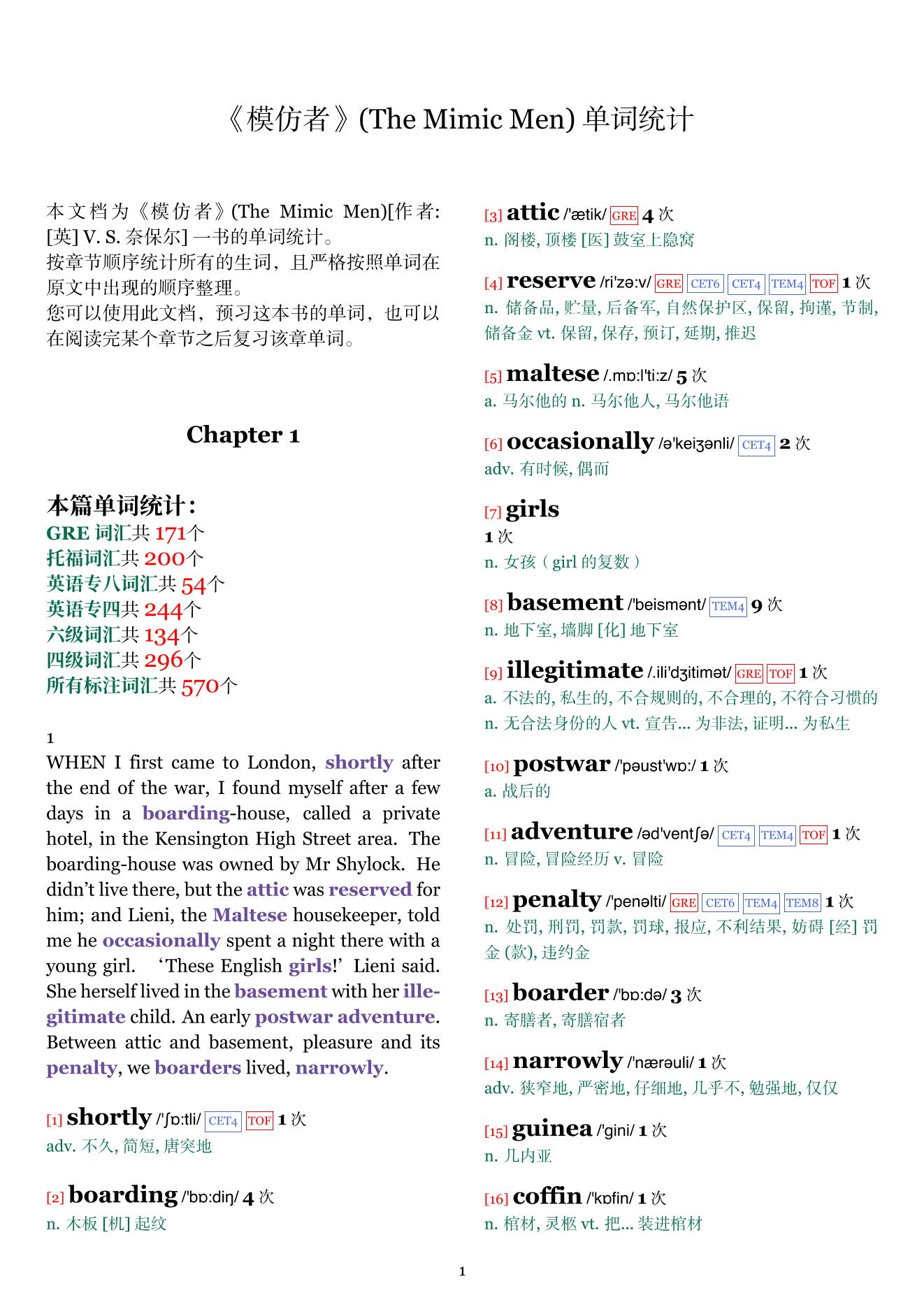 The Mimic Men章节单词统计