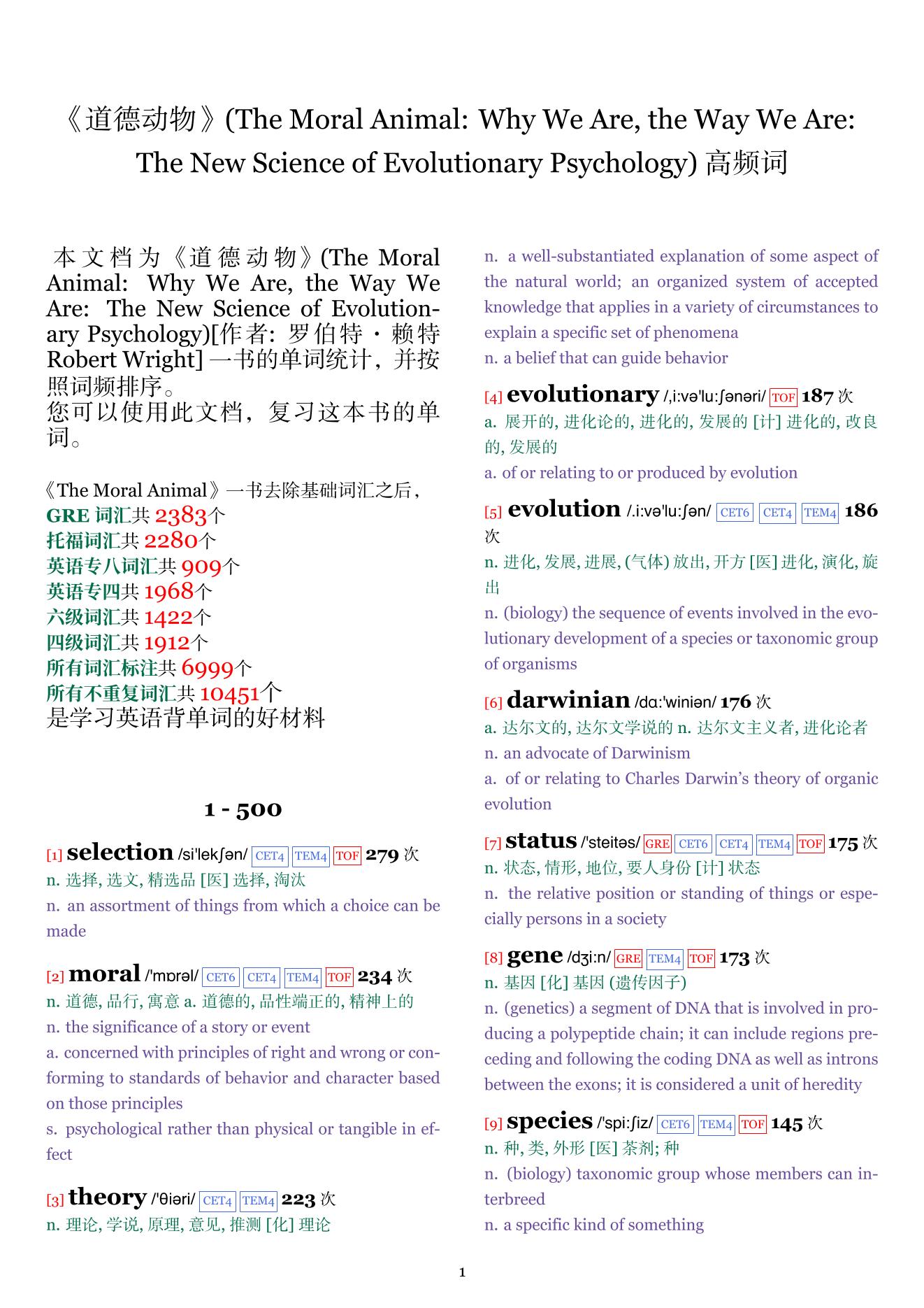 The Moral Animal: Why We Are, the Way We Are: The New Science of Evolutionary Psychology词频统计