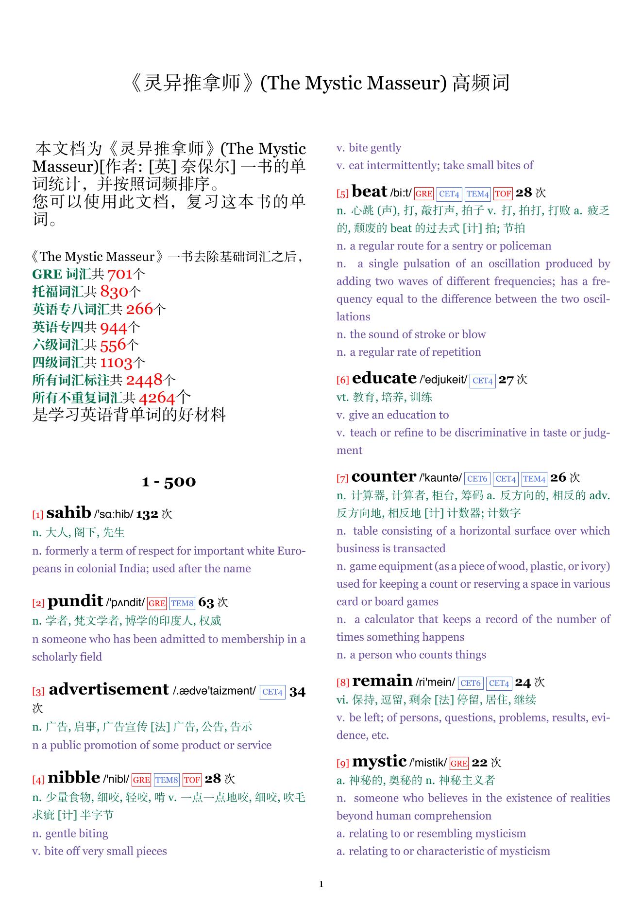 The Mystic Masseur词频统计