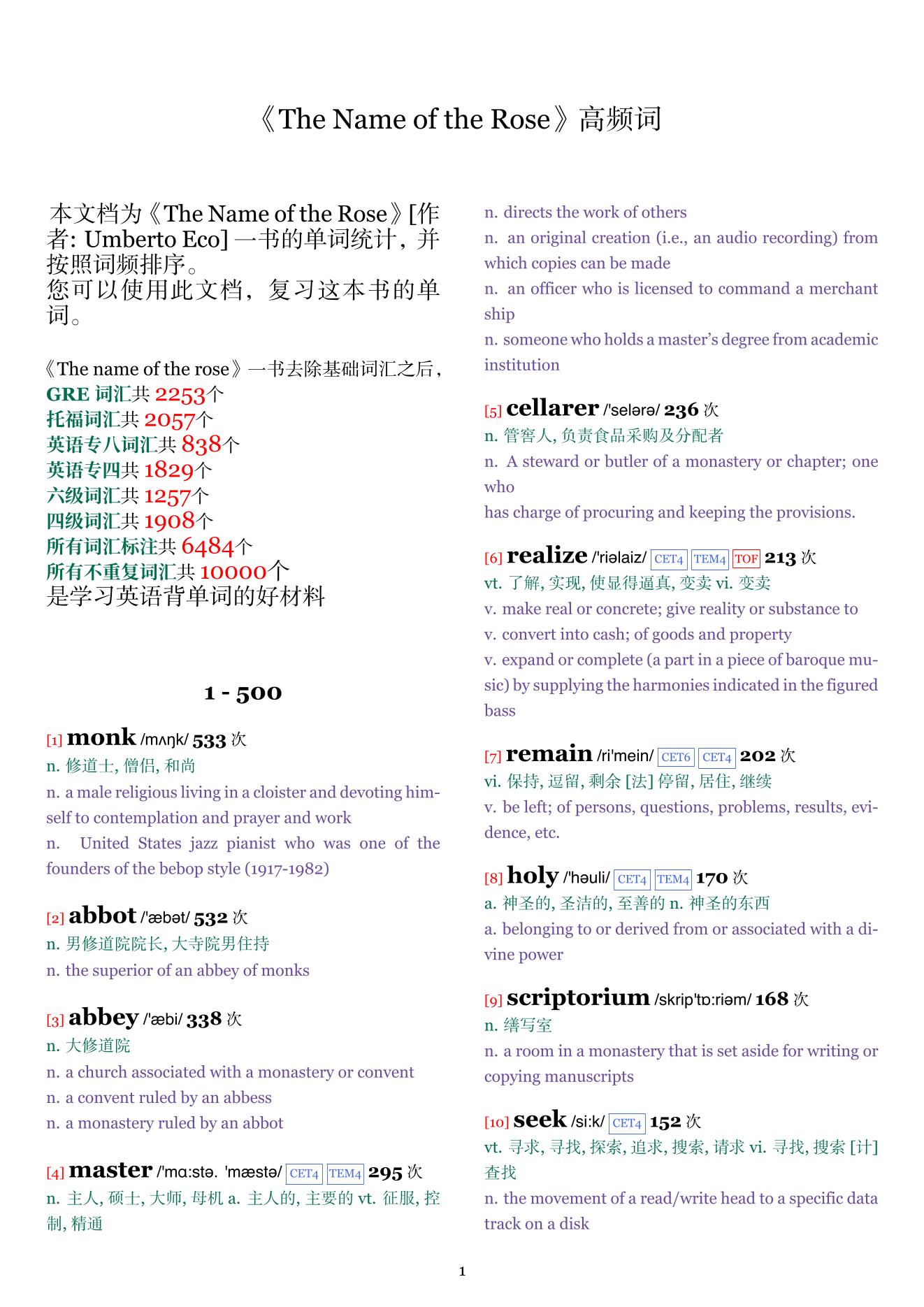 The Name of the Rose词频统计