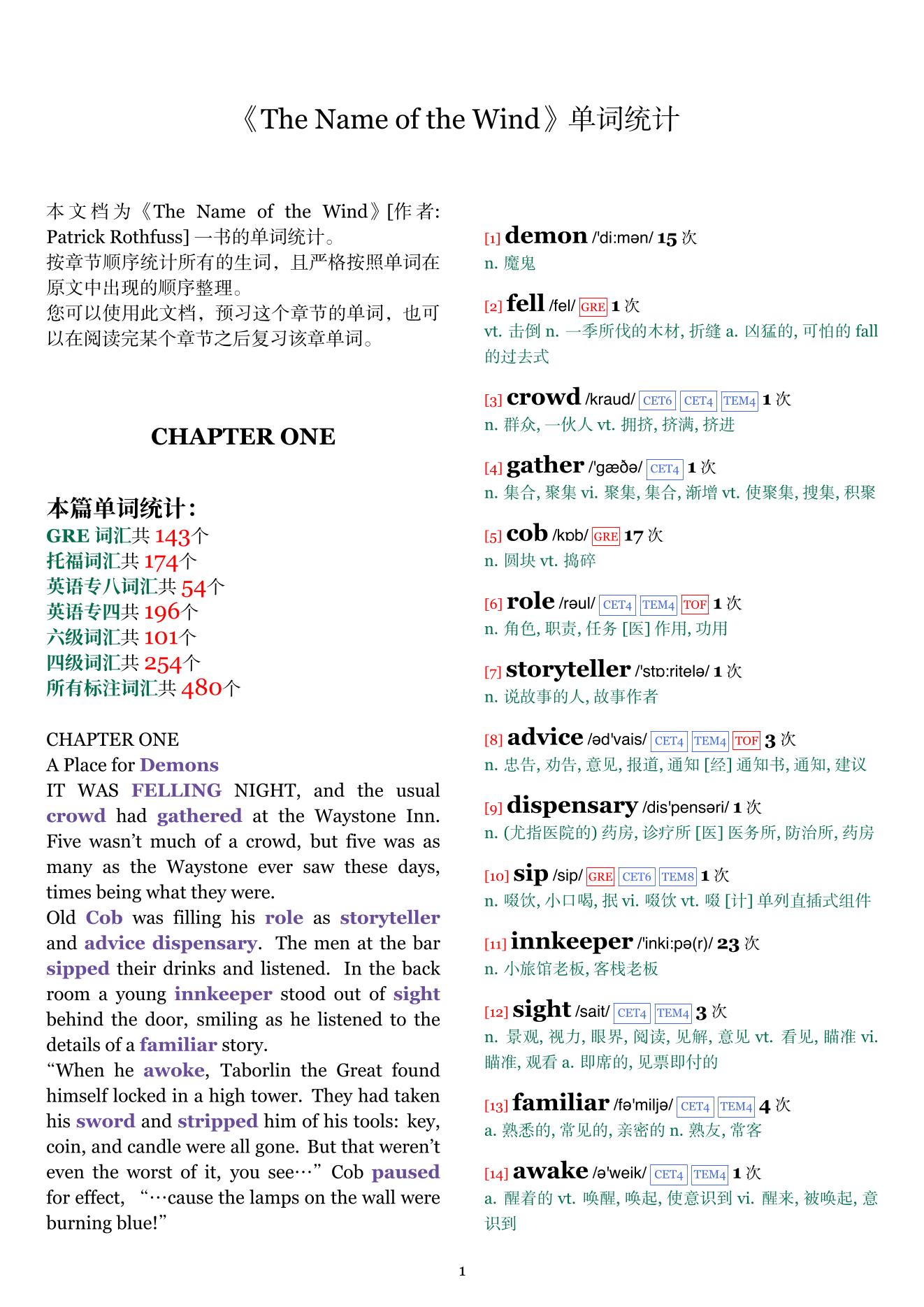 The Name of the Wind章节单词统计