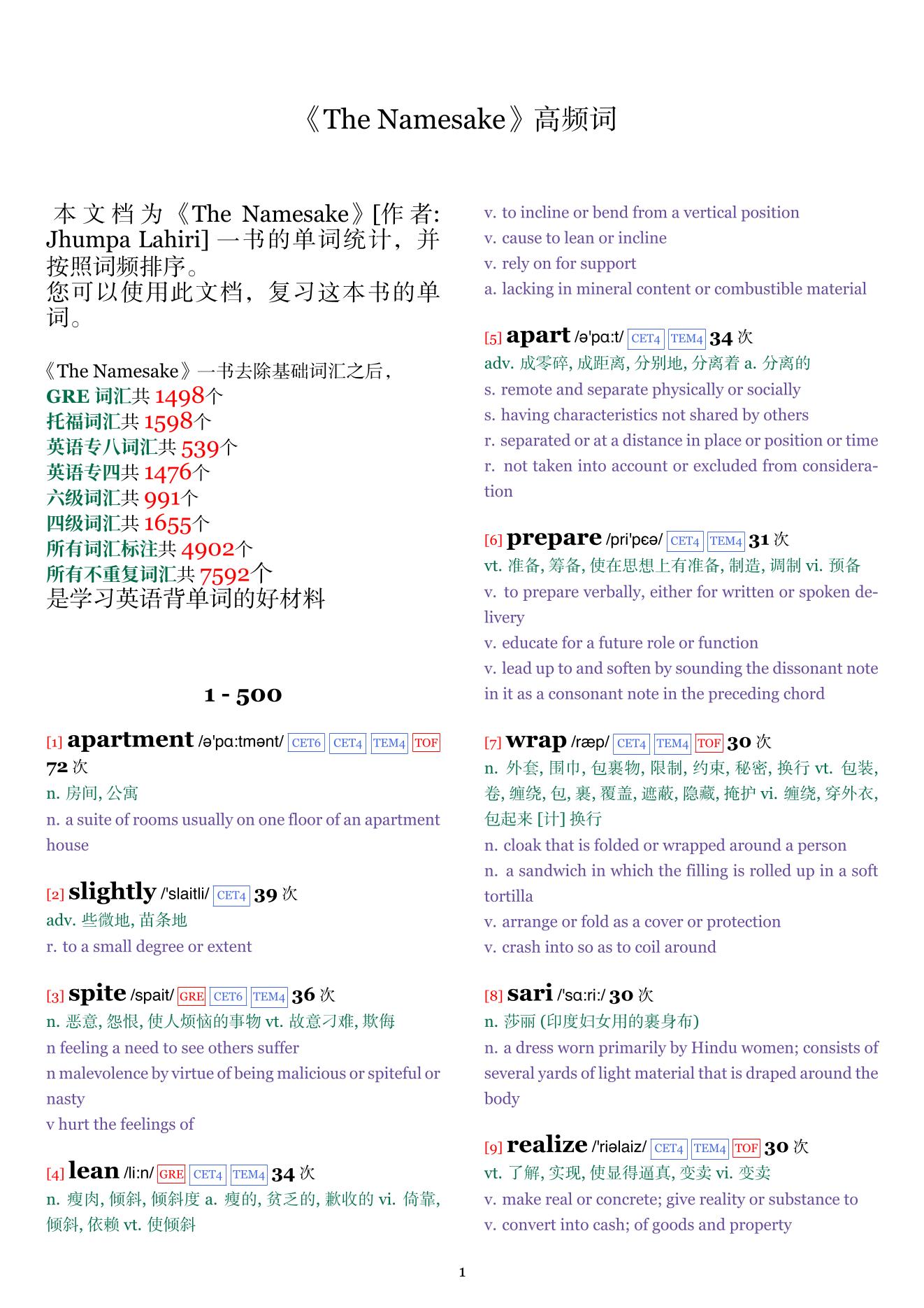 The Namesake词频统计