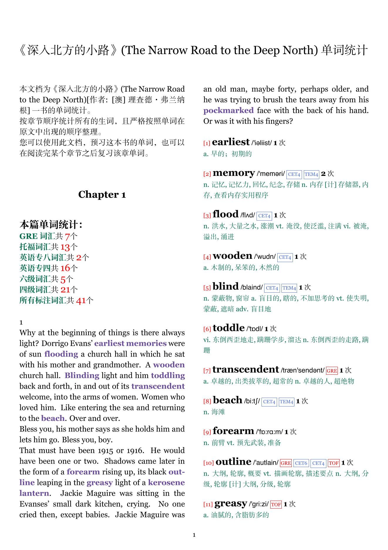 The Narrow Road to the Deep North章节单词统计