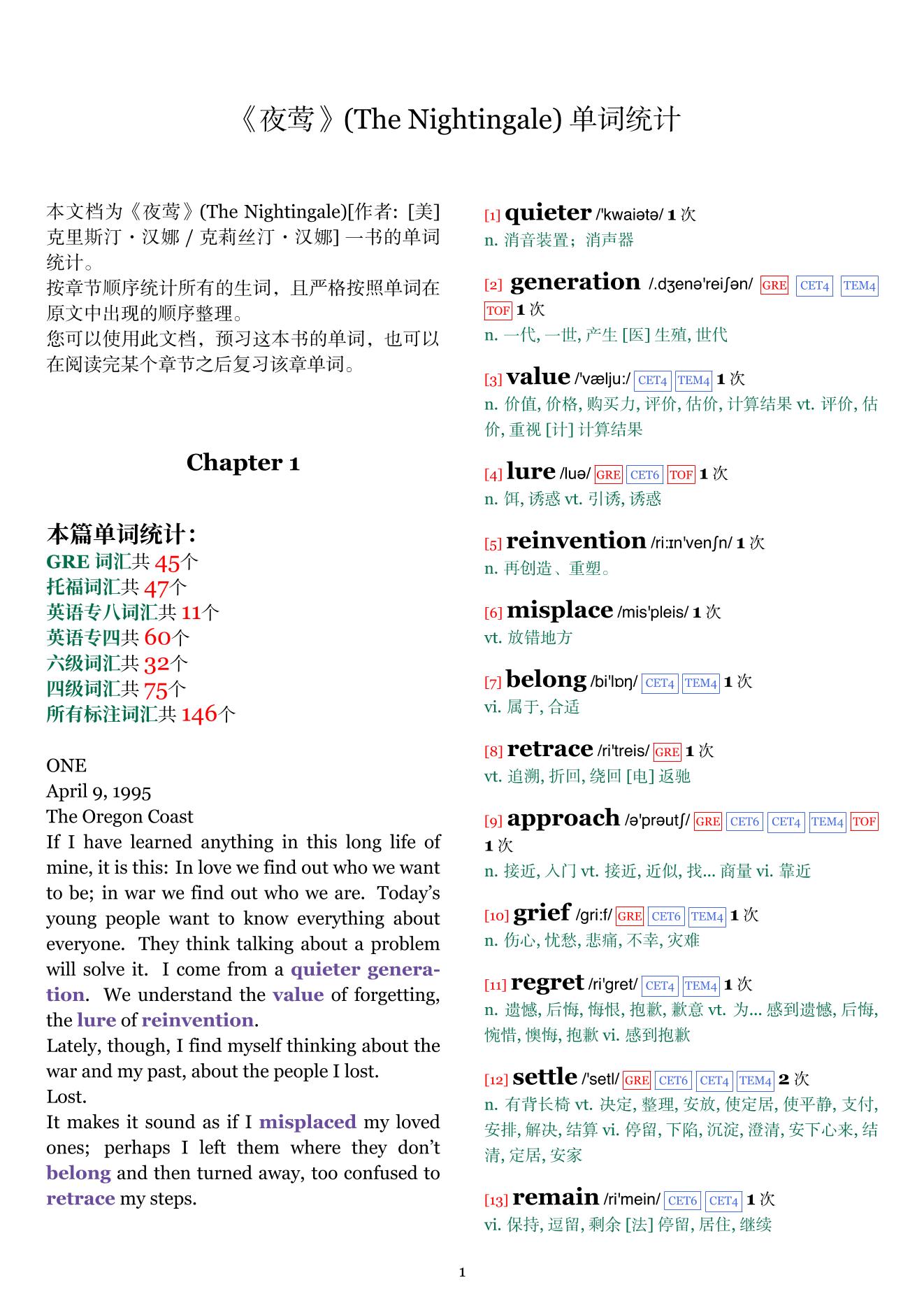 The Nightingale章节单词统计