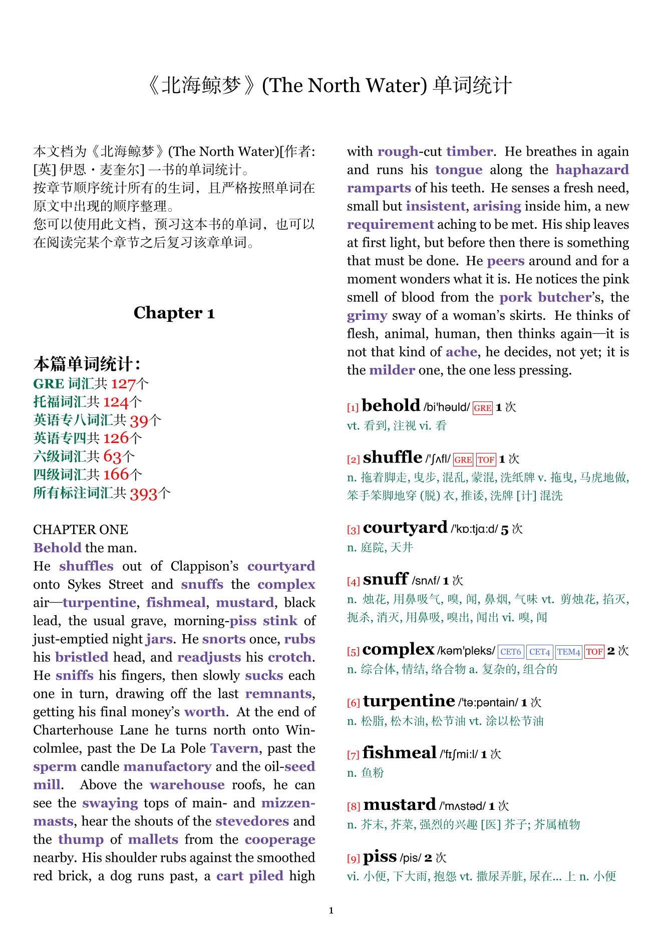 The North Water章节单词统计