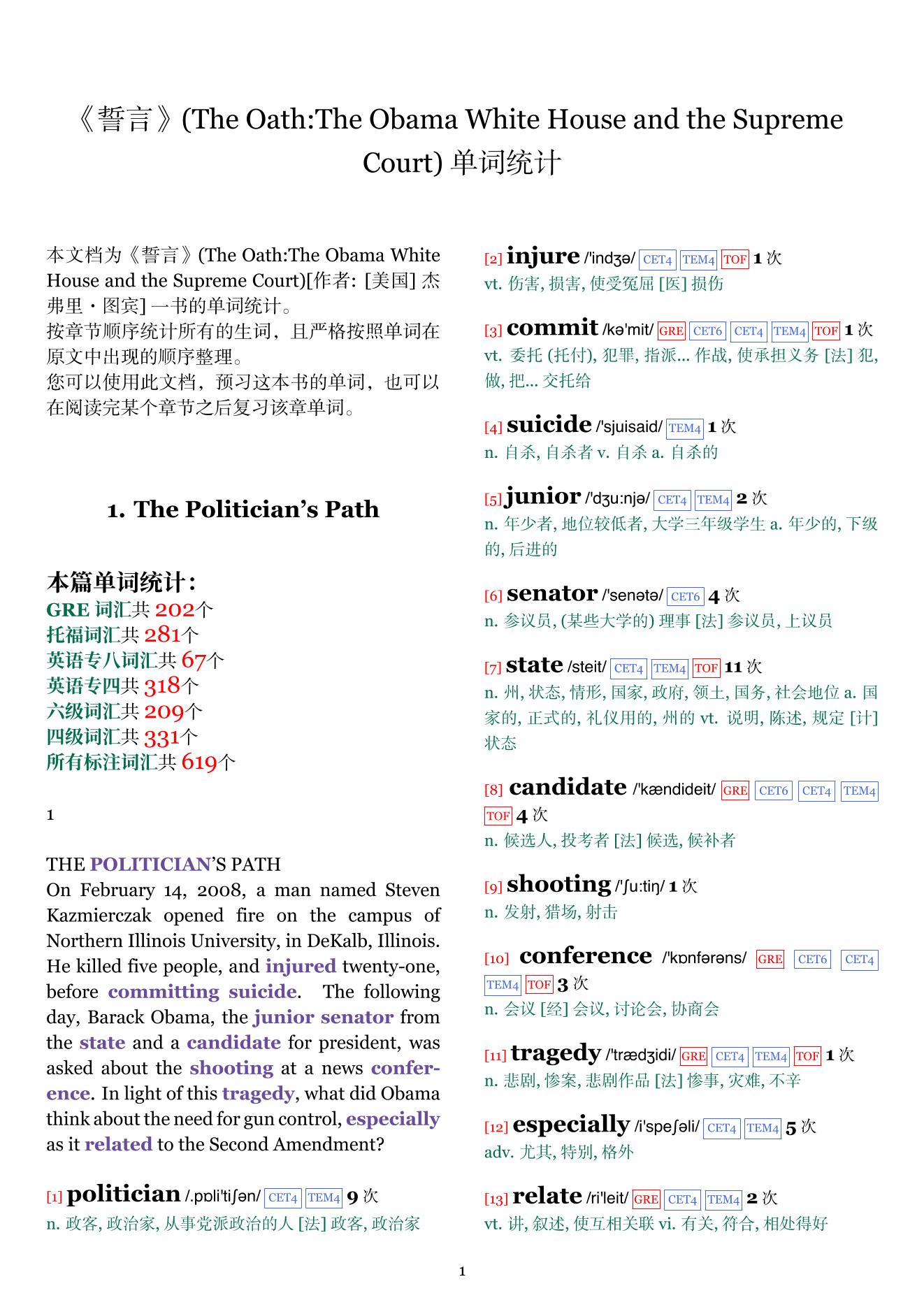 The Oath:The Obama White House and the Supreme Court章节单词统计