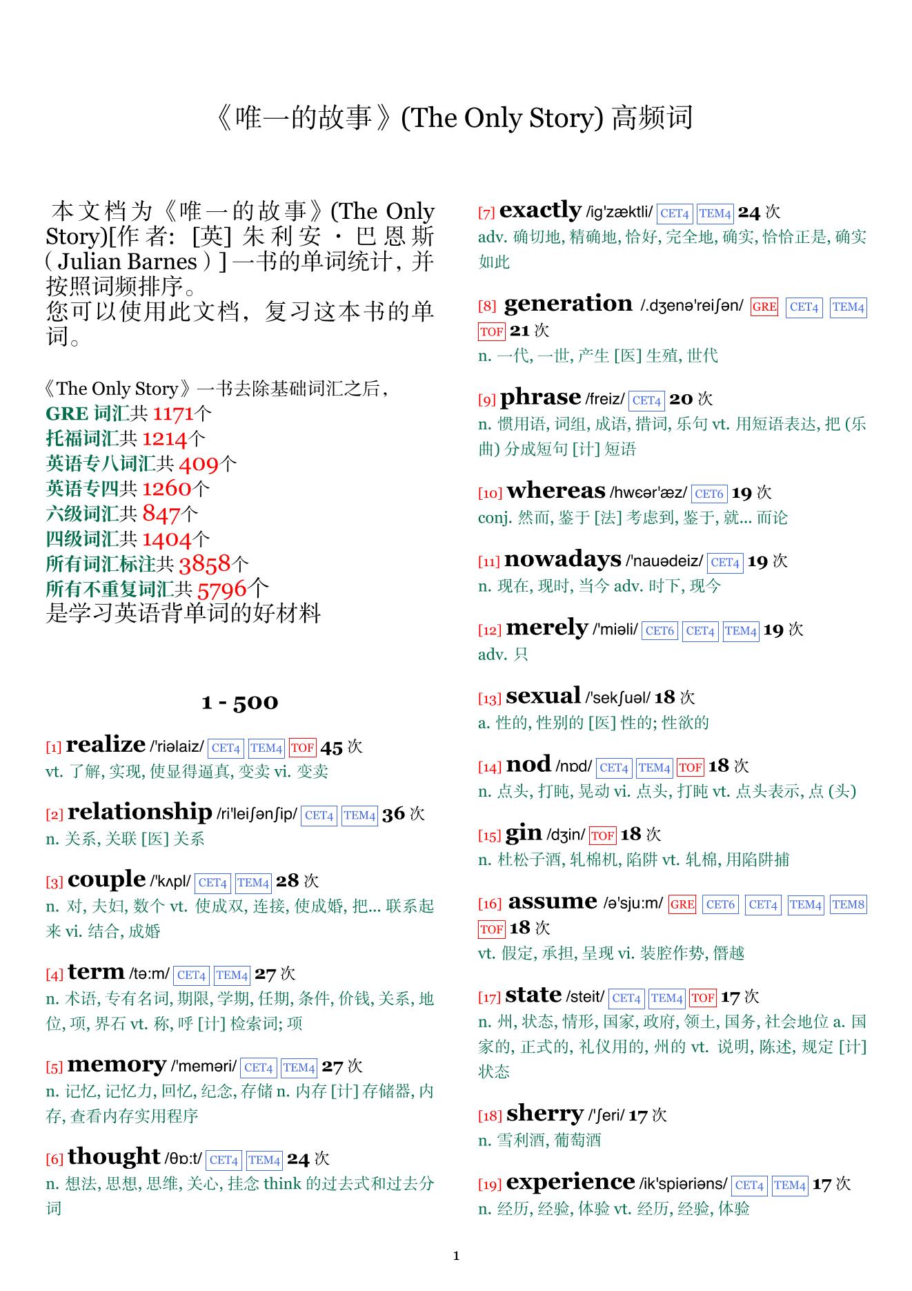The Only Story词频统计