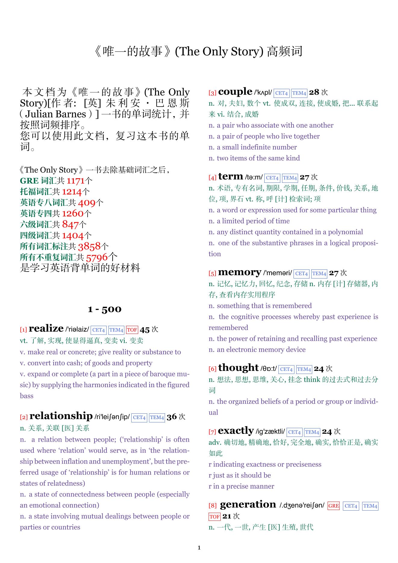 The Only Story词频统计