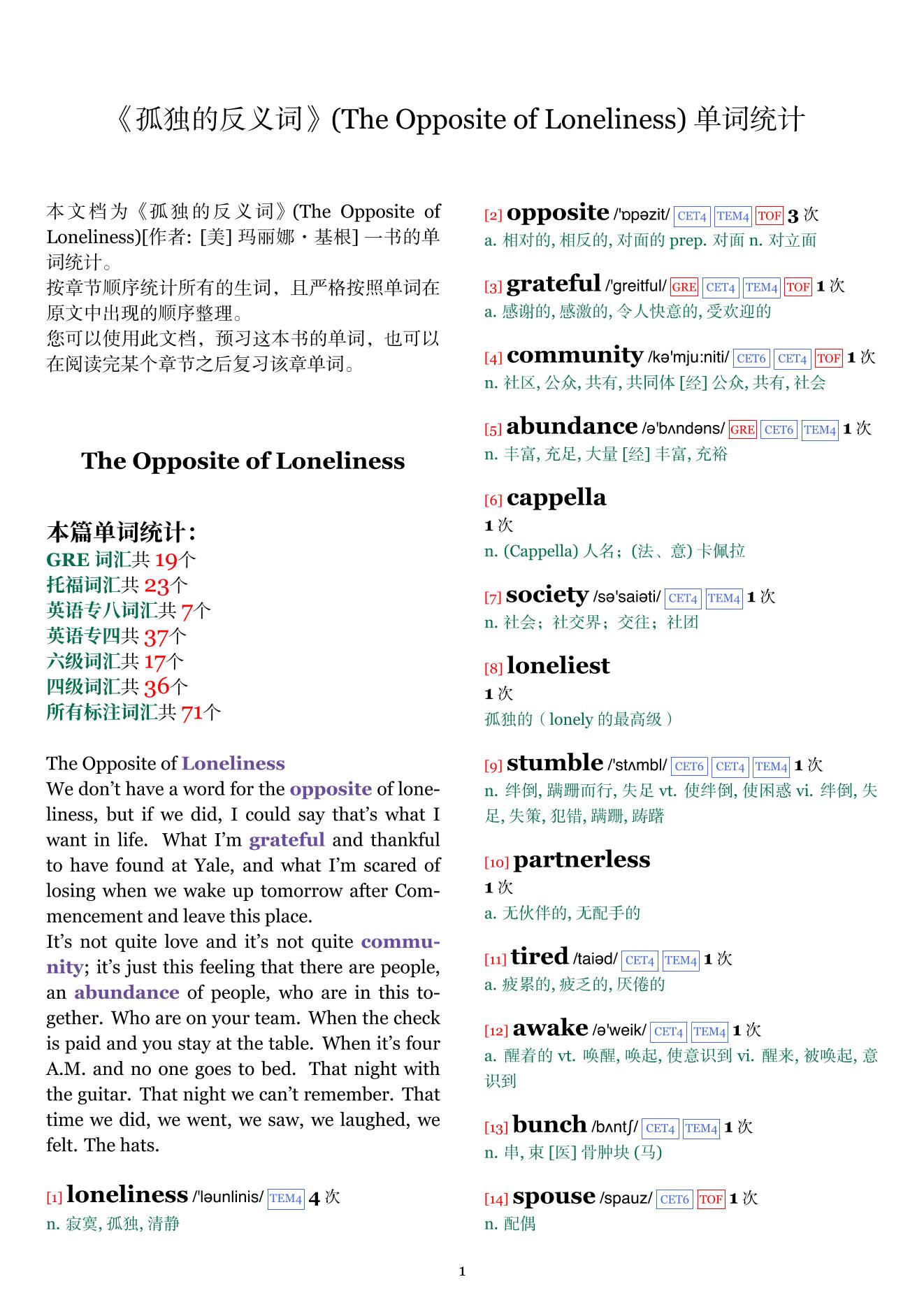The Opposite of Loneliness章节单词统计