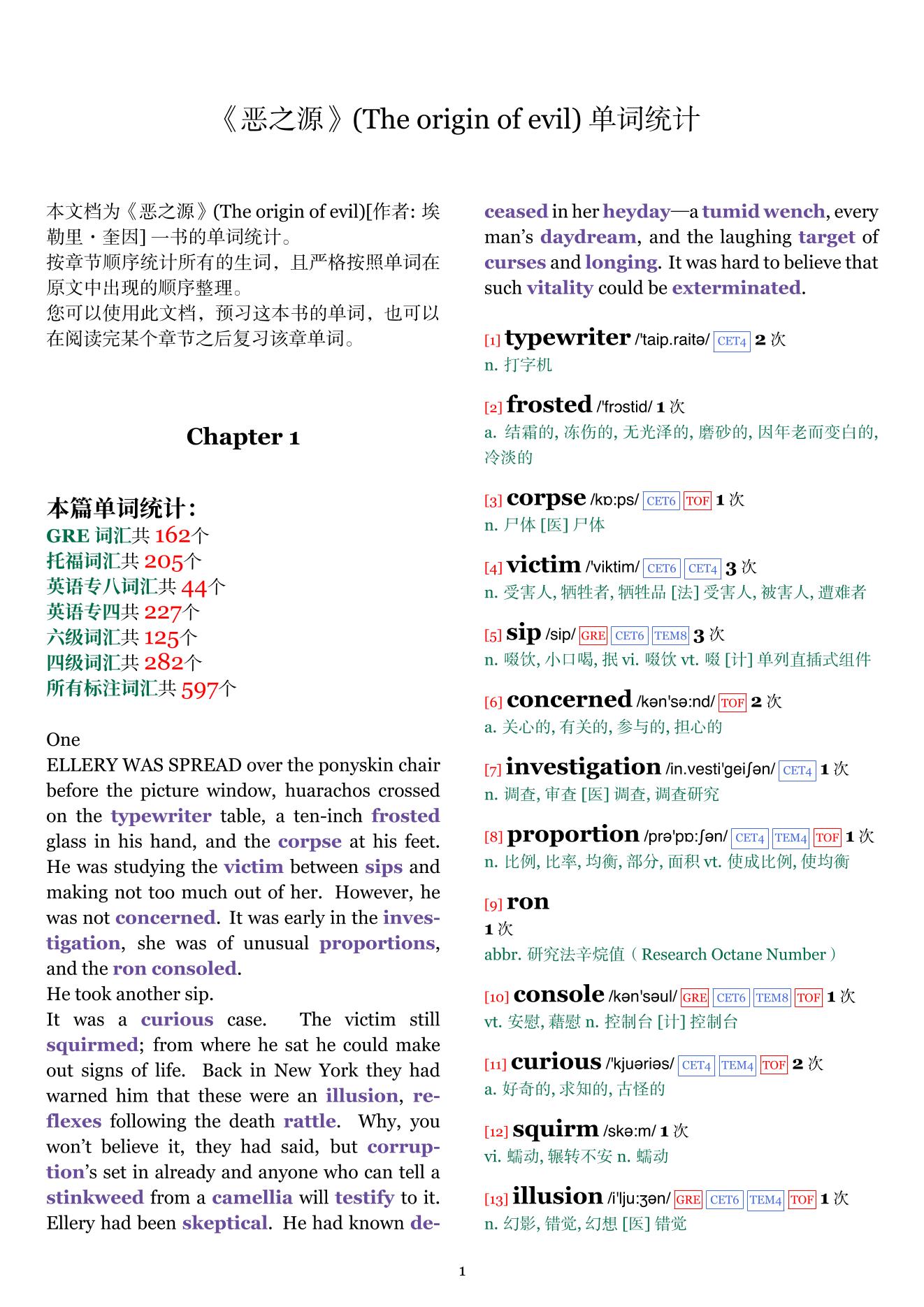 The origin of evil章节单词统计