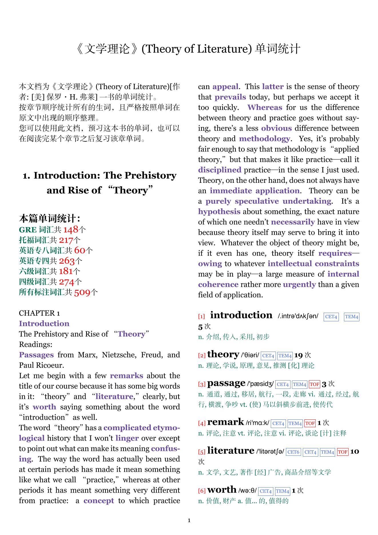 Theory of Literature章节单词统计