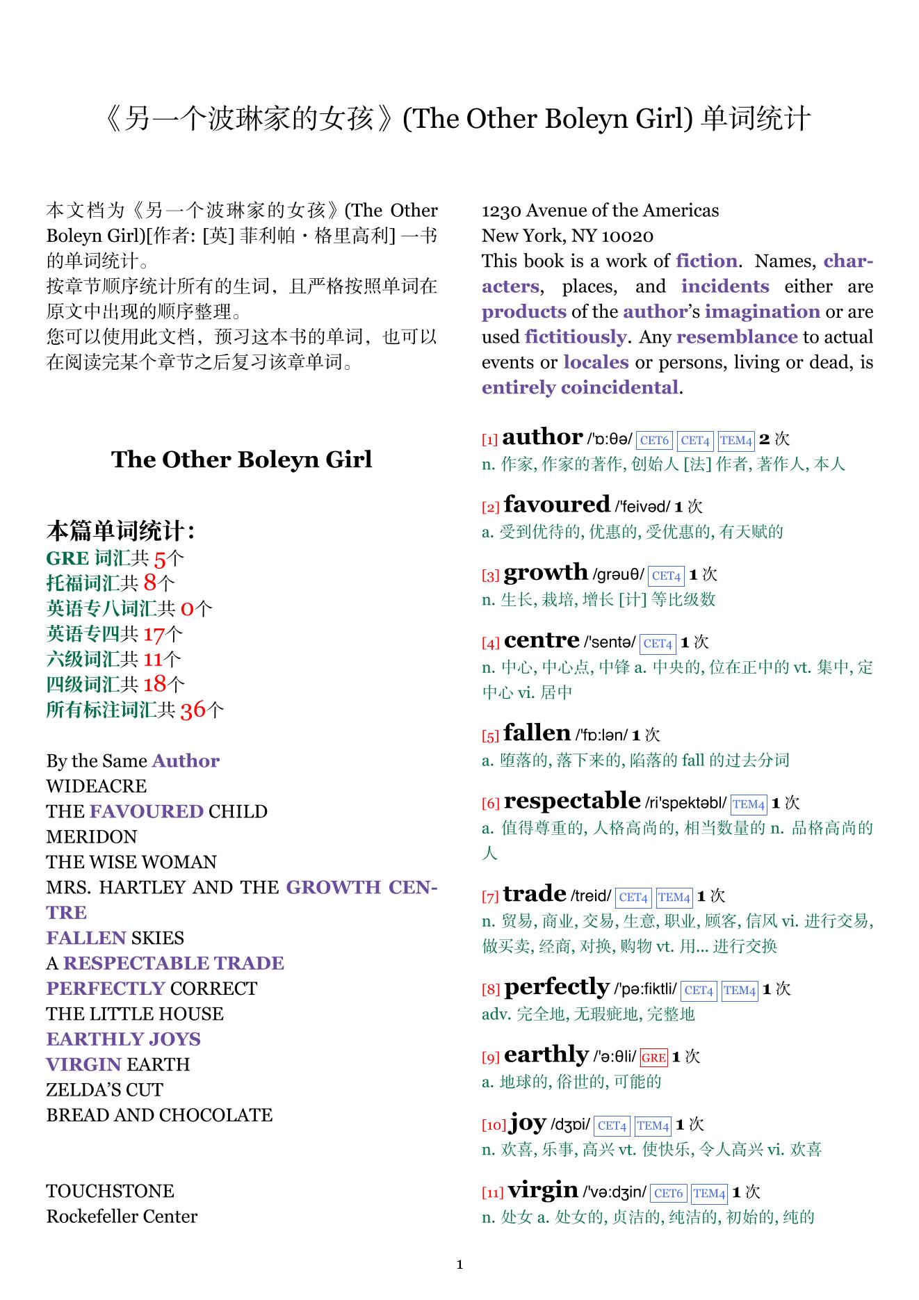 The Other Boleyn Girl章节单词统计