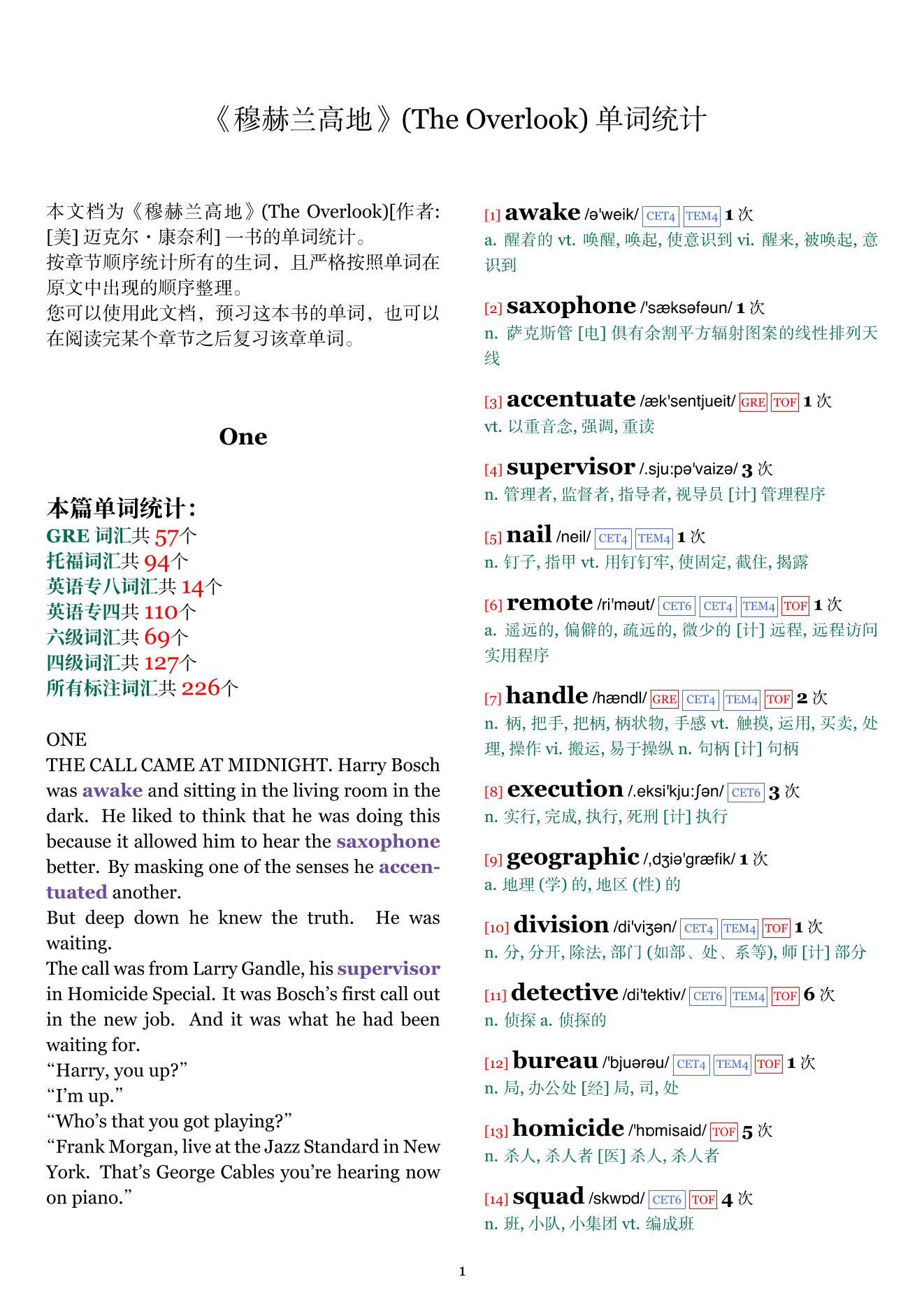 The Overlook章节单词统计
