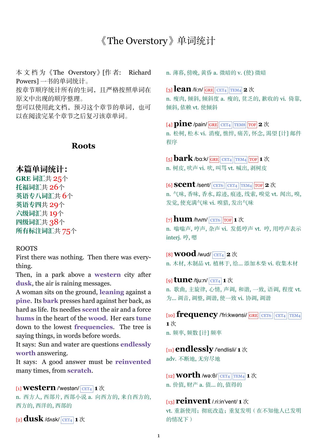 The Overstory章节单词统计