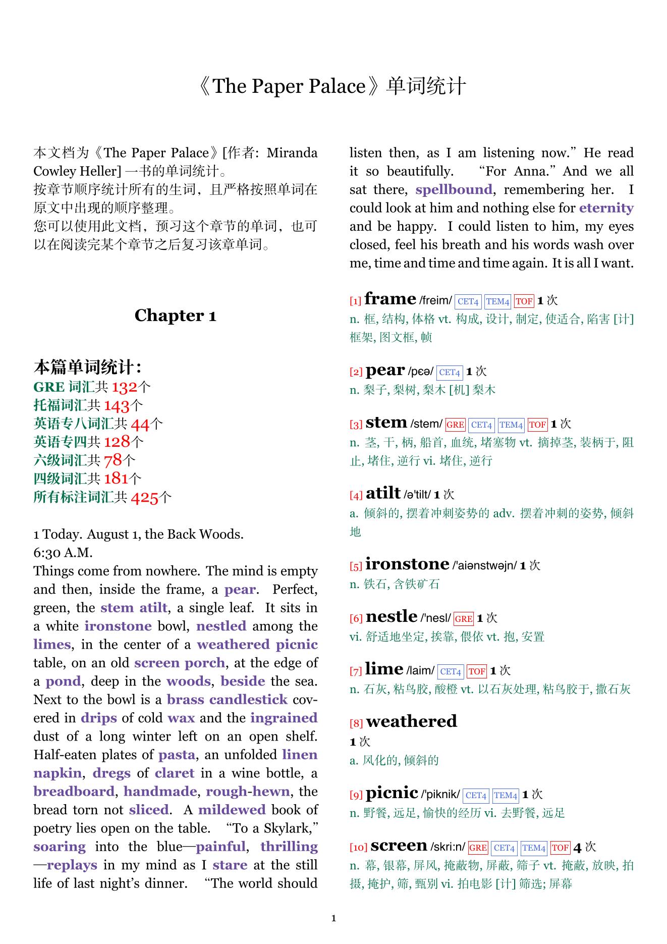 The Paper Palace章节单词统计