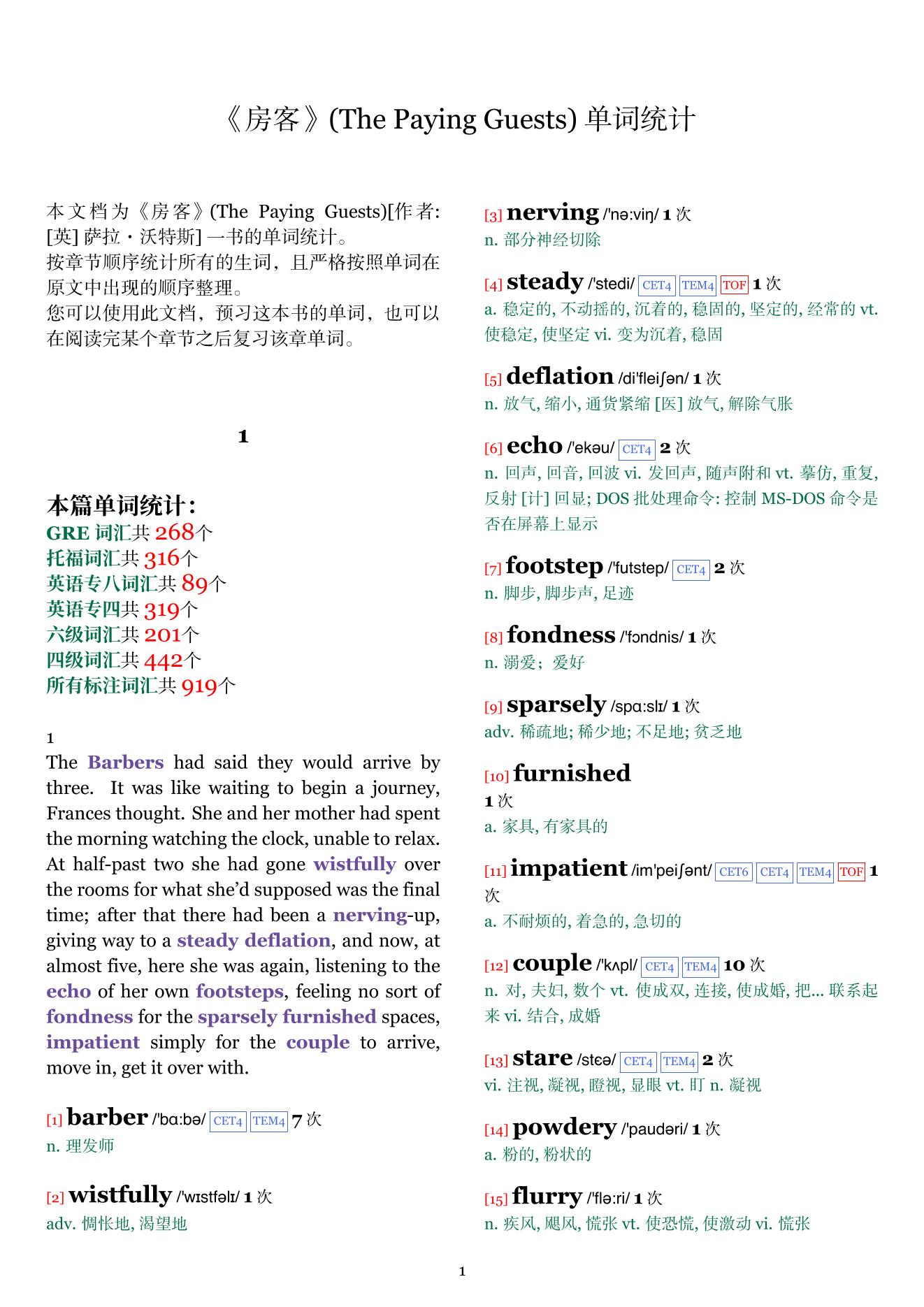 The Paying Guests章节单词统计