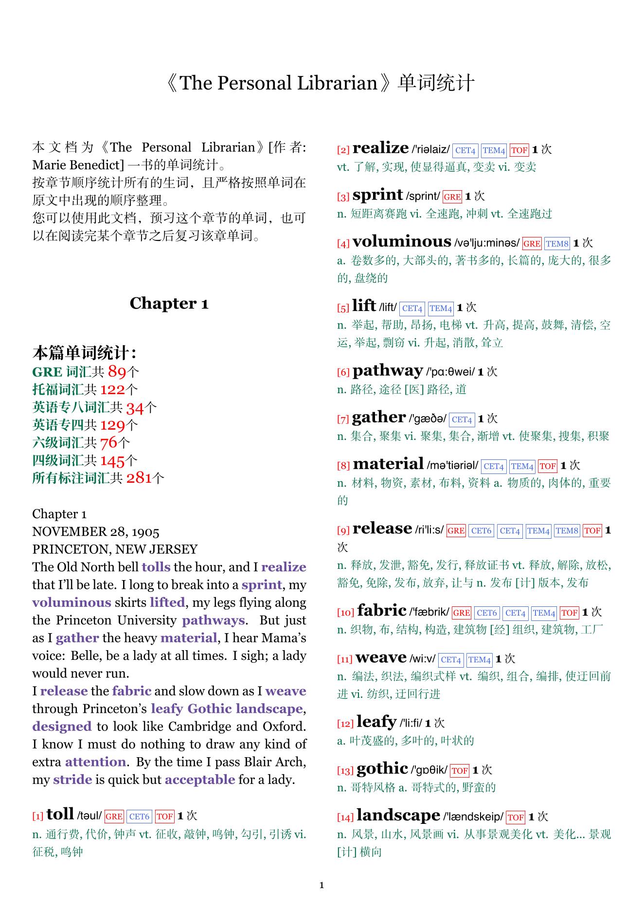 The Personal Librarian章节单词统计