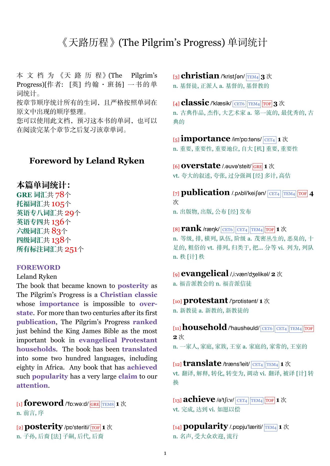 The Pilgrim's Progress章节单词统计