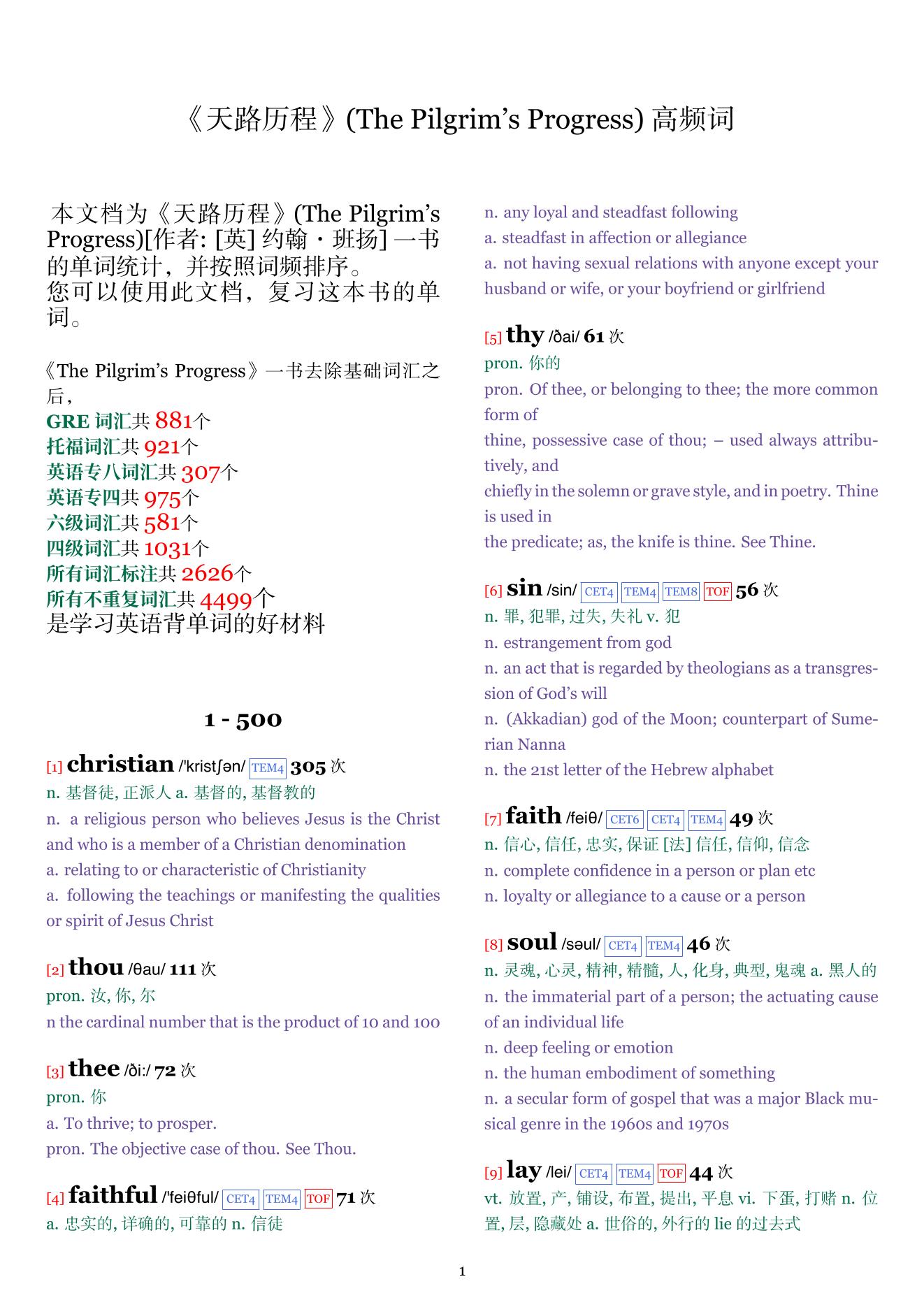 The Pilgrim's Progress词频统计
