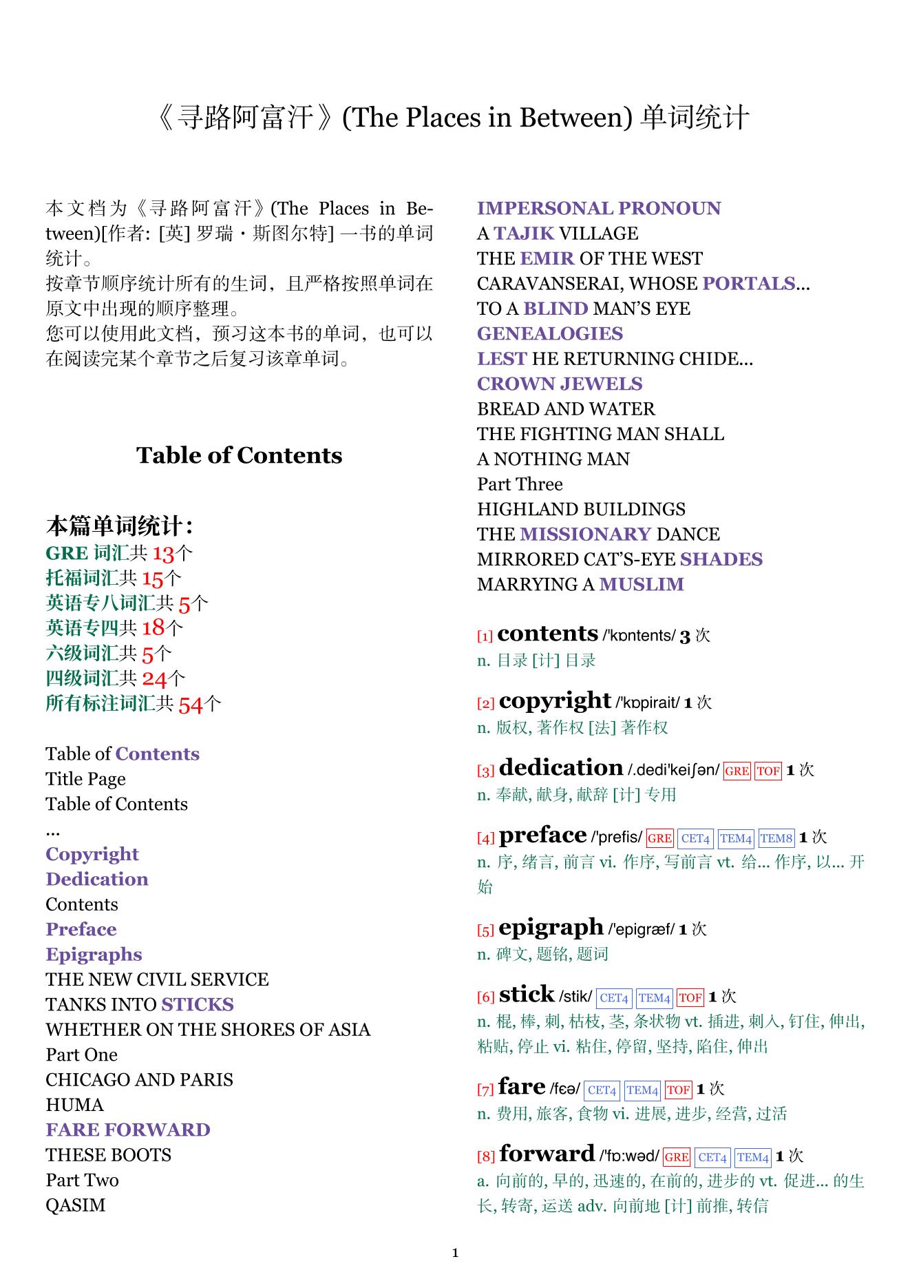 The Places in Between章节单词统计
