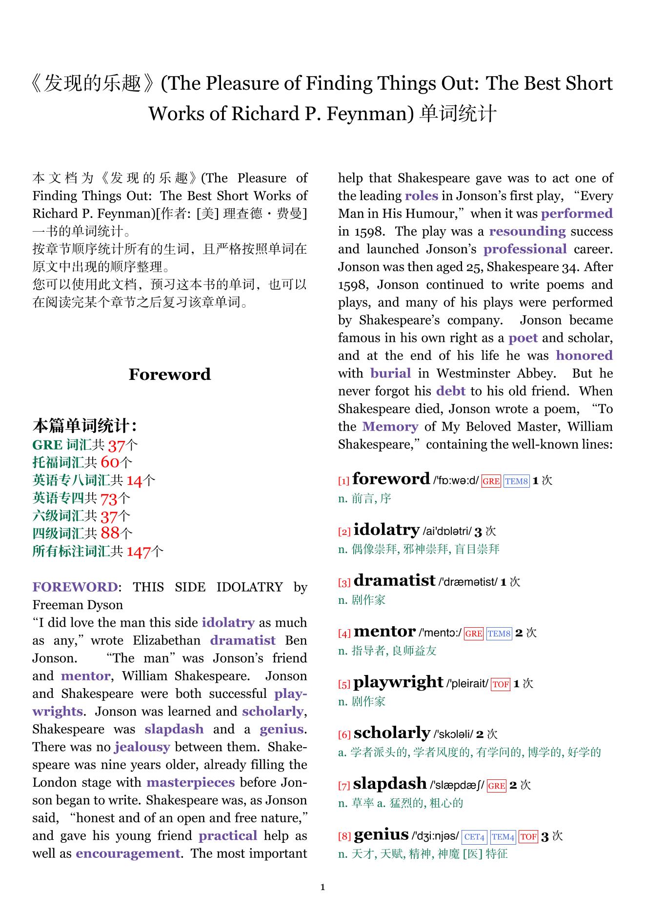 The Pleasure of Finding Things Out: The Best Short Works of Richard P. Feynman章节单词统计