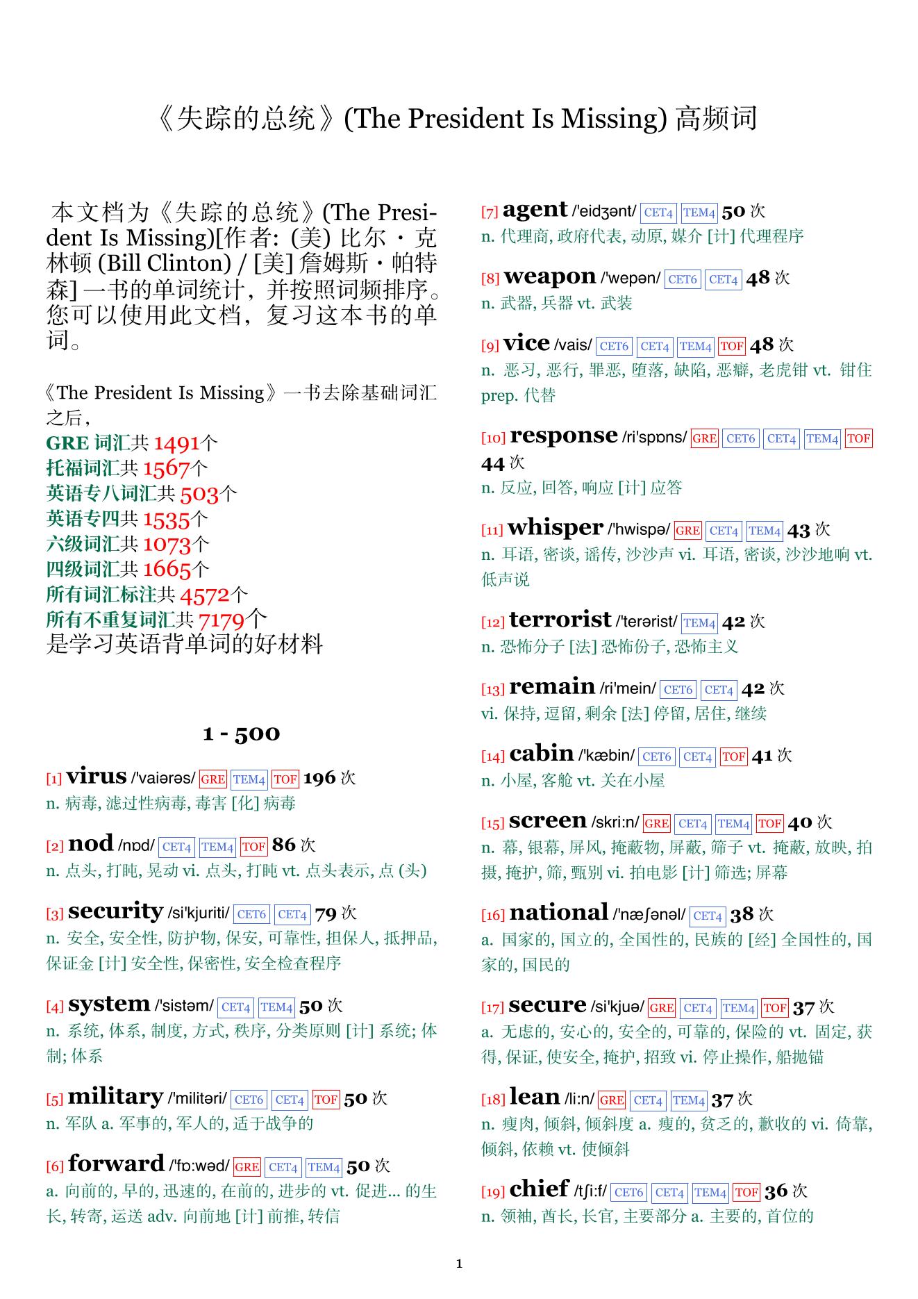 The President Is Missing词频统计