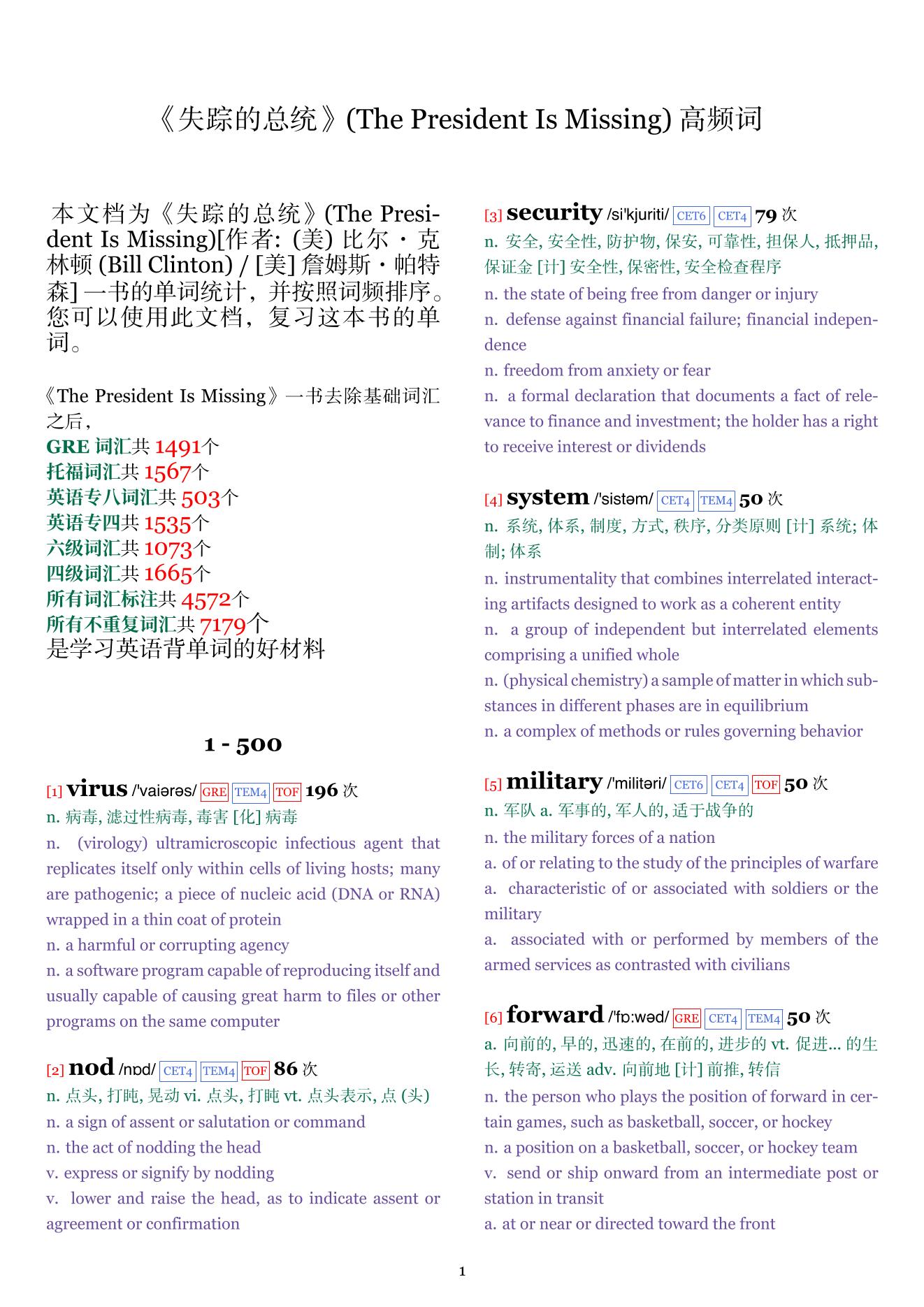 The President Is Missing词频统计