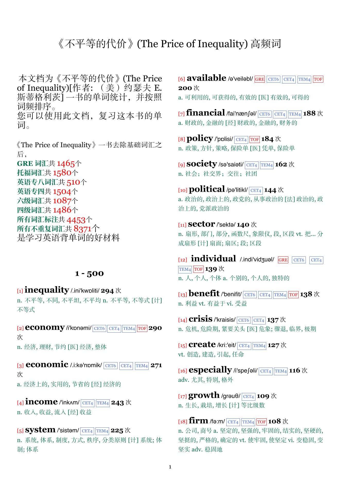 The Price of Inequality词频统计