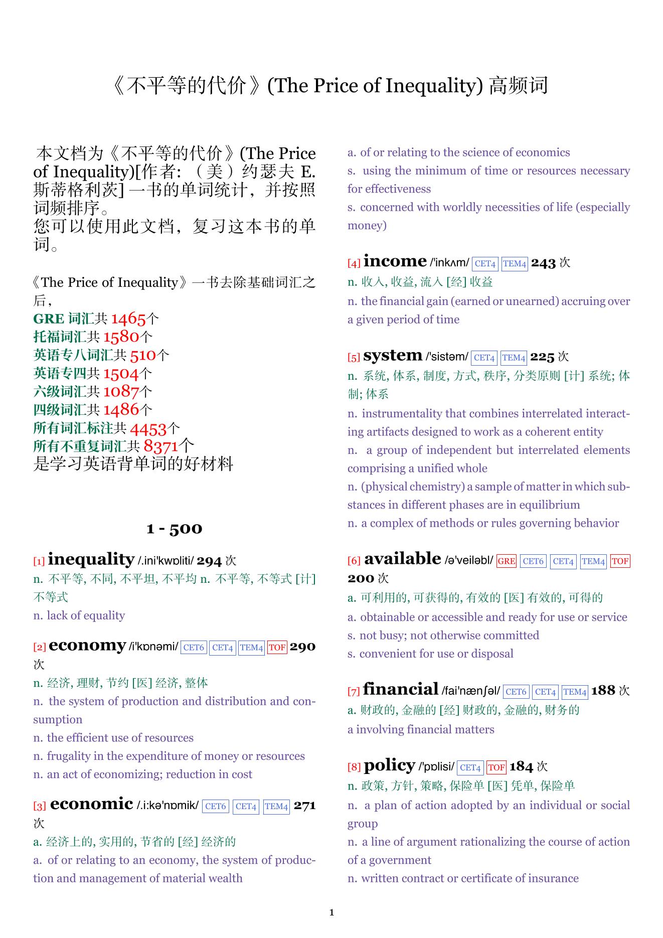 The Price of Inequality词频统计