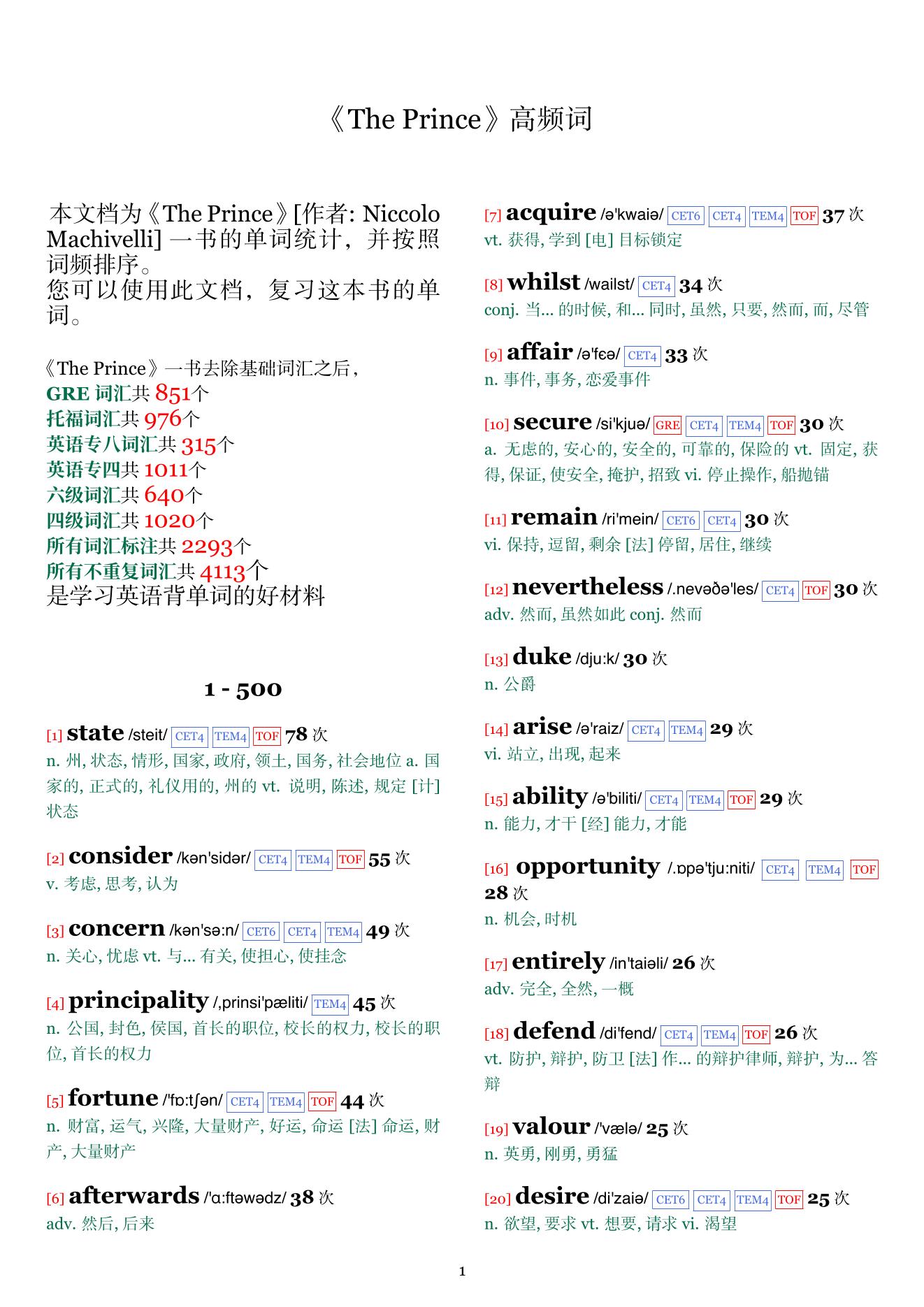 The Prince词频统计