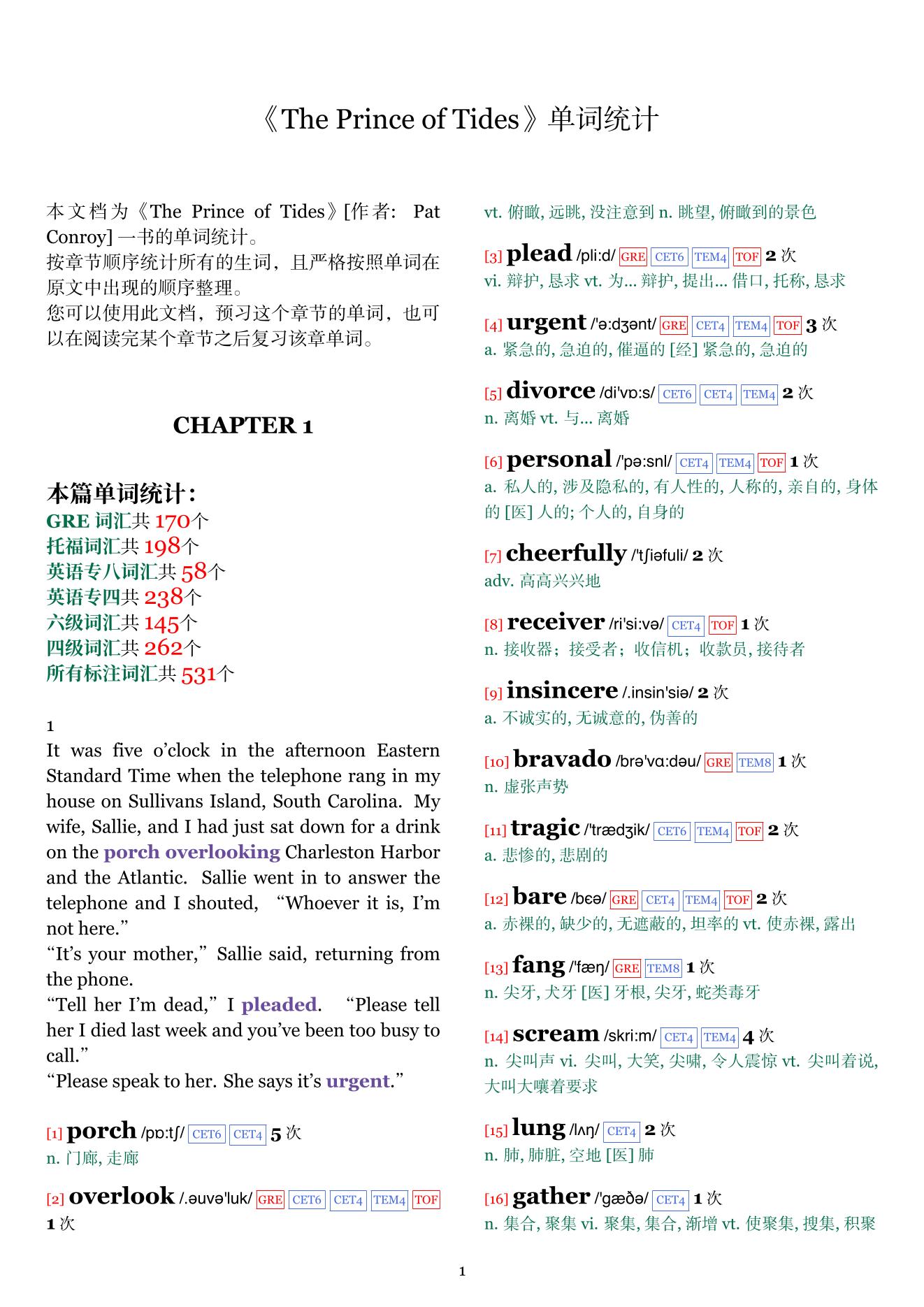 The Prince of Tides章节单词统计