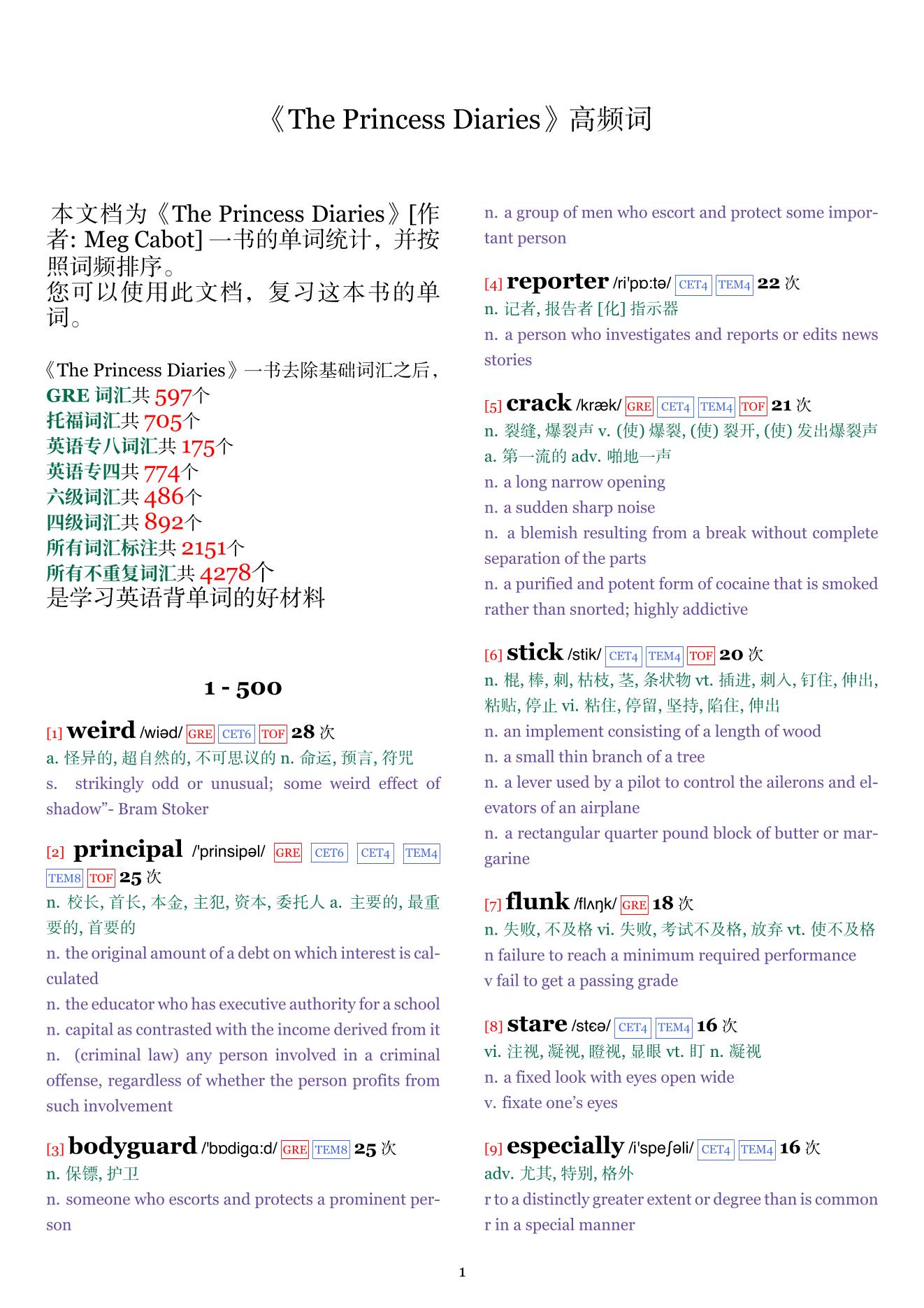 The Princess Diaries词频统计