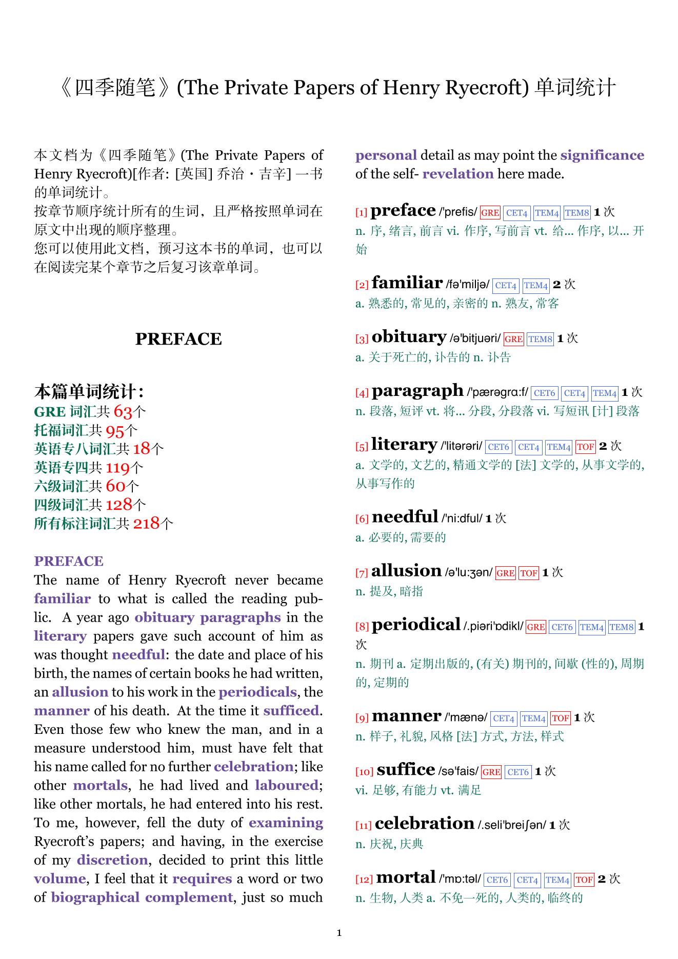 The Private Papers of Henry Ryecroft章节单词统计