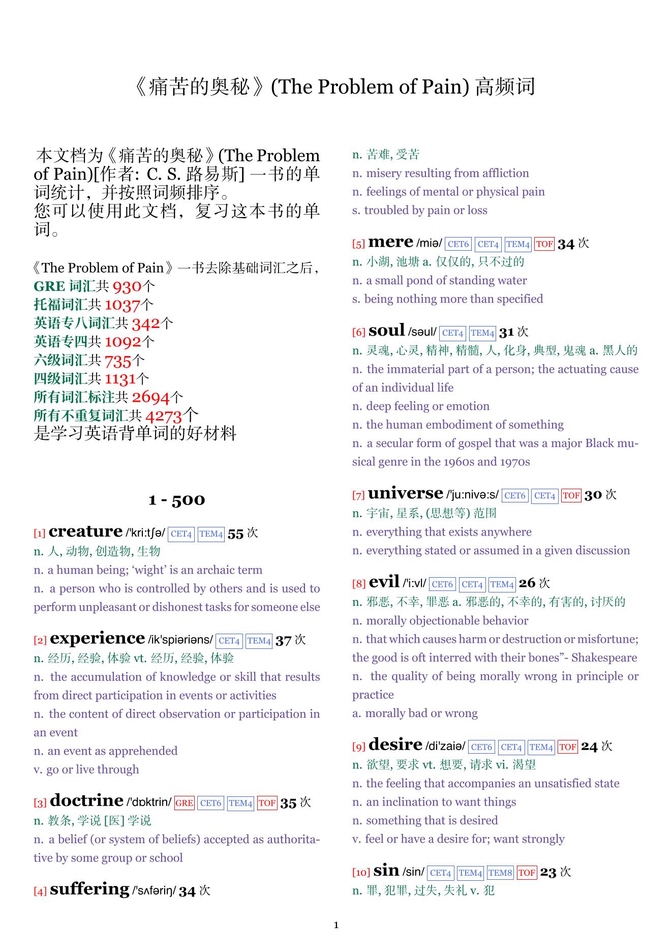 The Problem of Pain词频统计