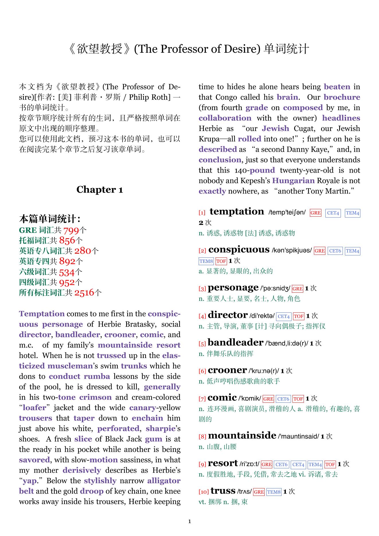 The Professor of Desire章节单词统计
