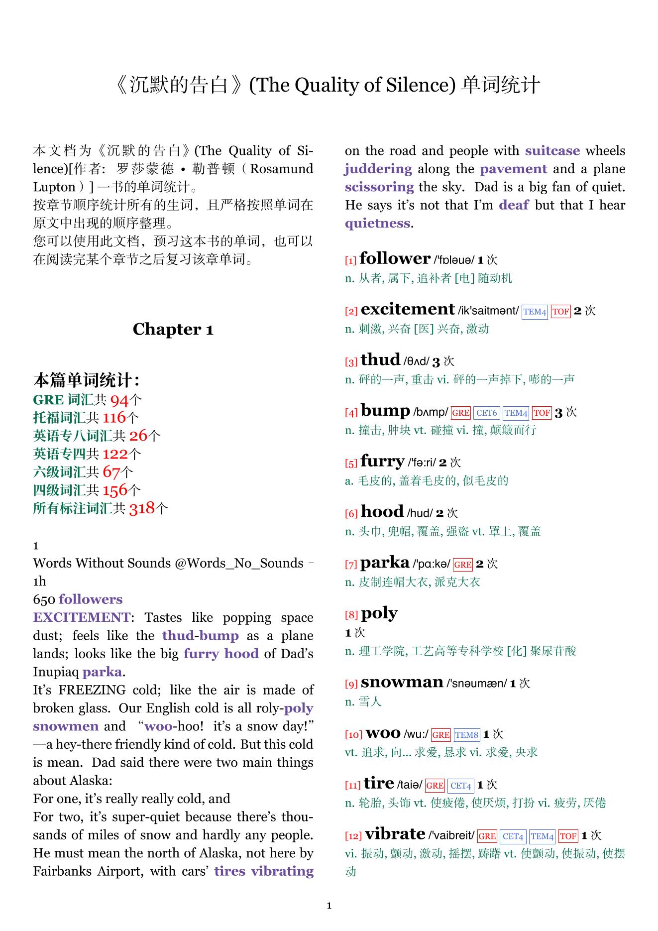 The Quality of Silence章节单词统计