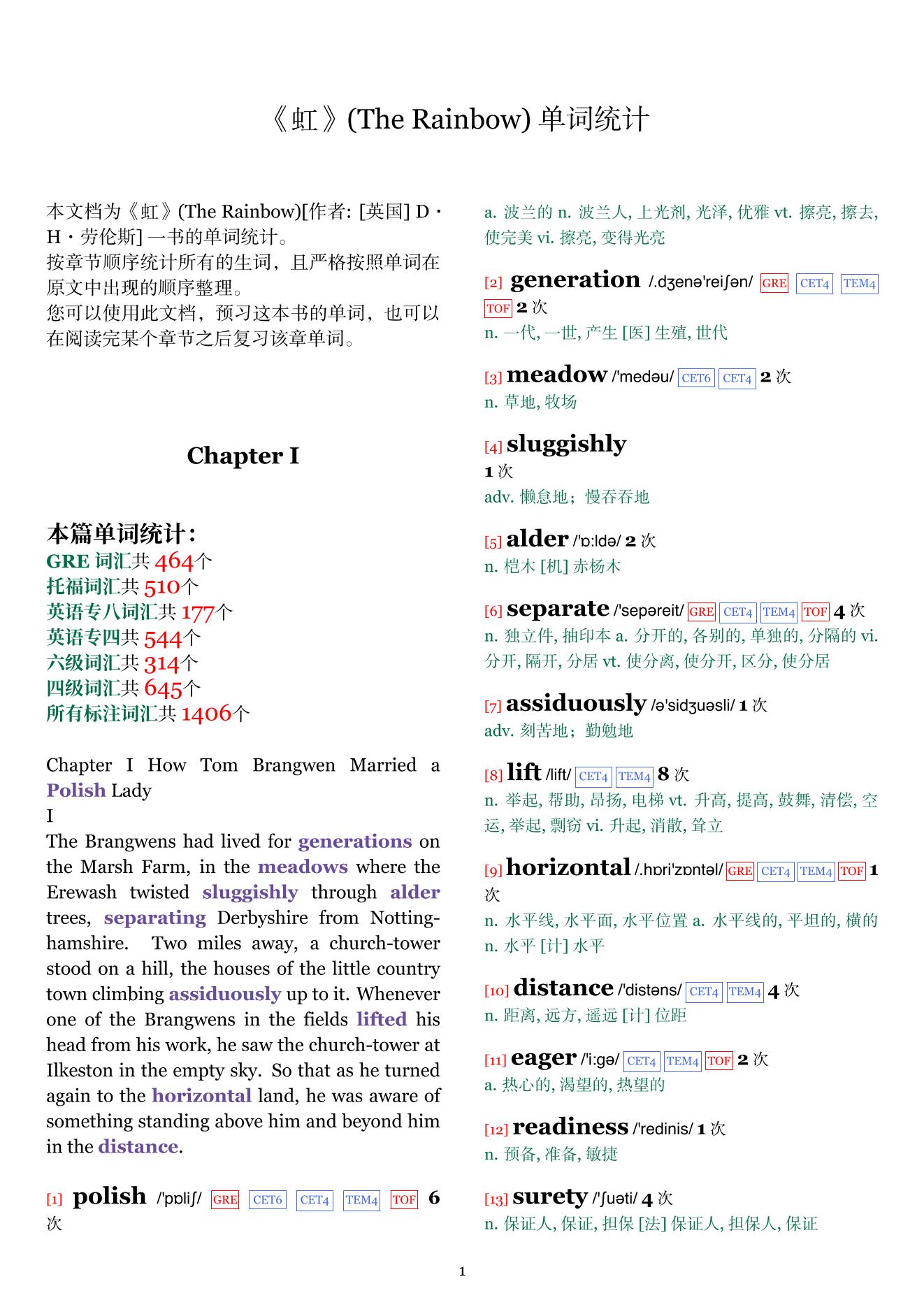 The Rainbow章节单词统计