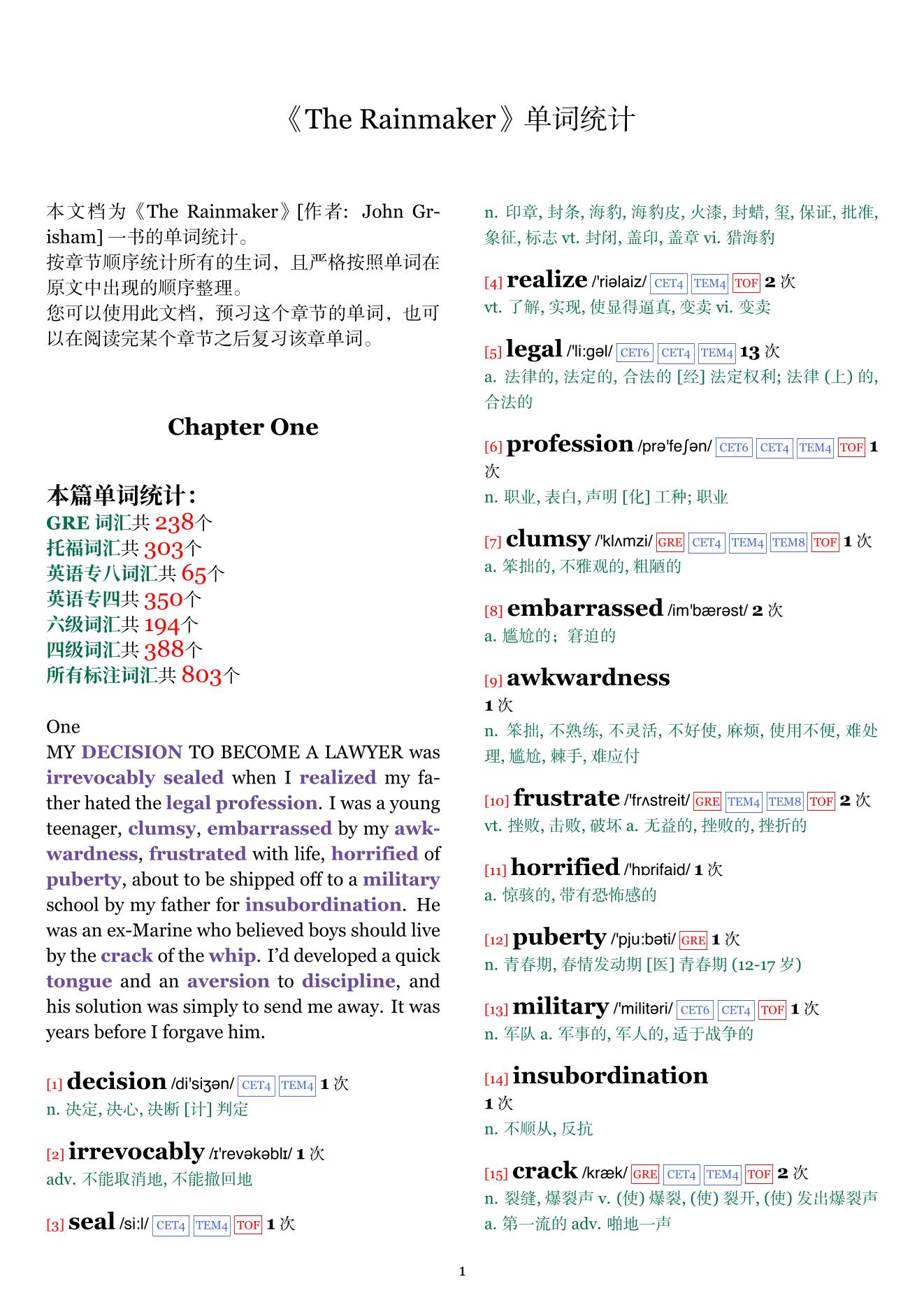The Rainmaker章节单词统计