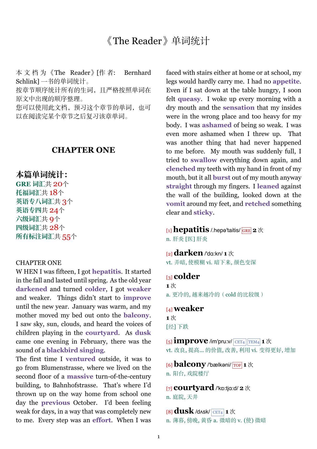 The Reader章节单词统计