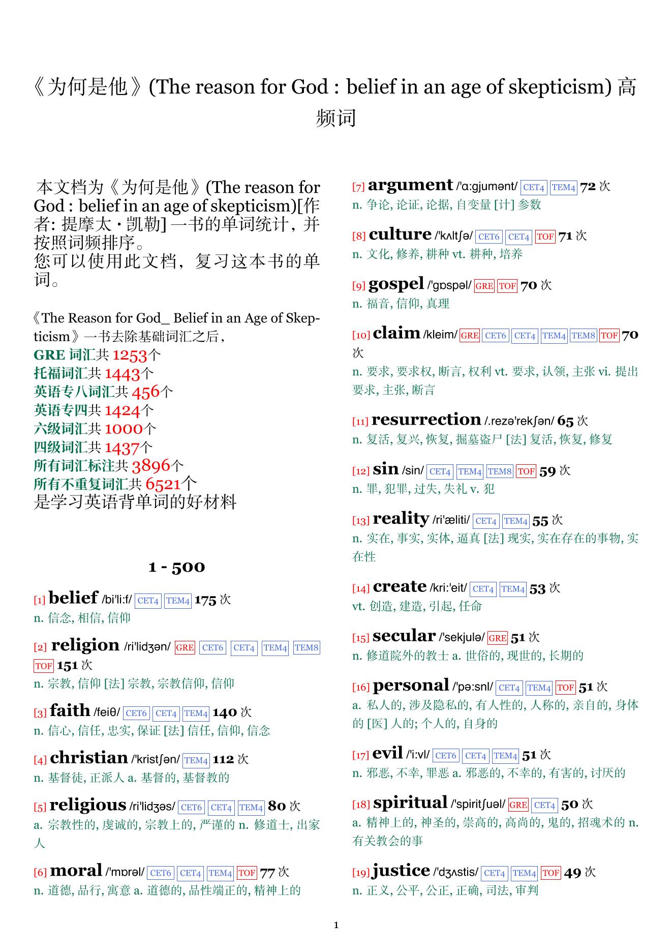 The reason for God : belief in an age of skepticism词频统计