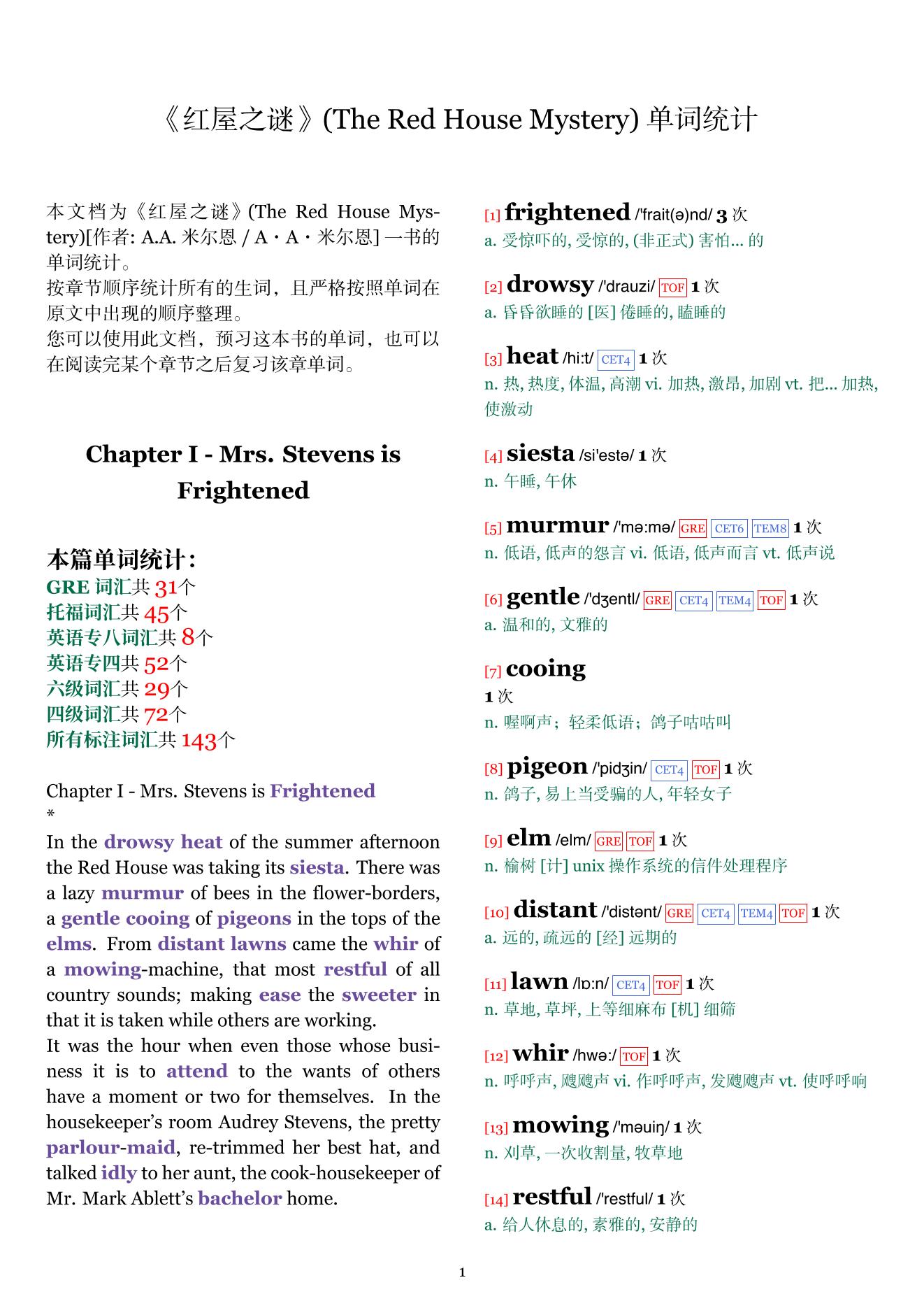 The Red House Mystery章节单词统计