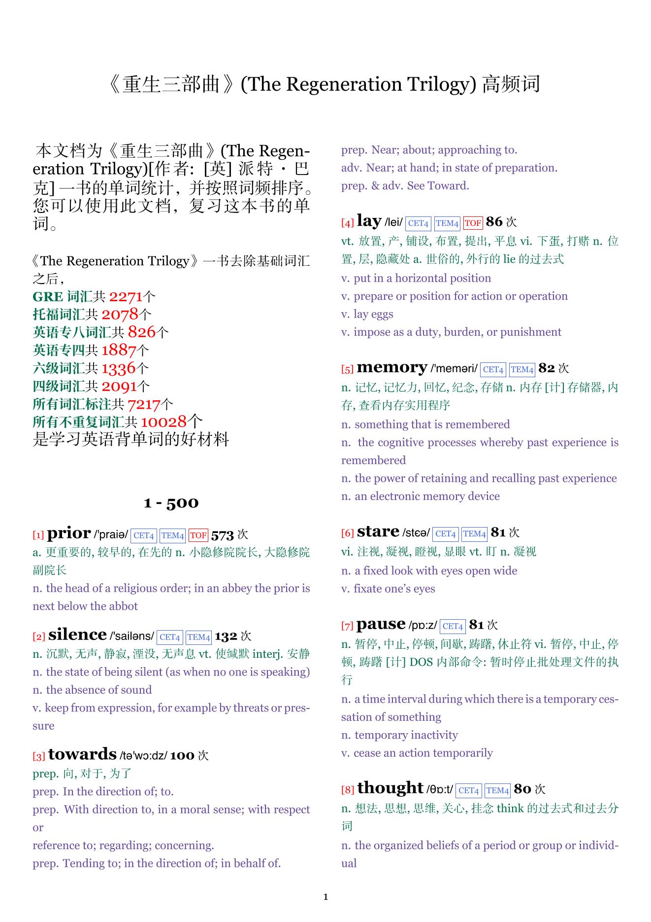 The Regeneration Trilogy词频统计