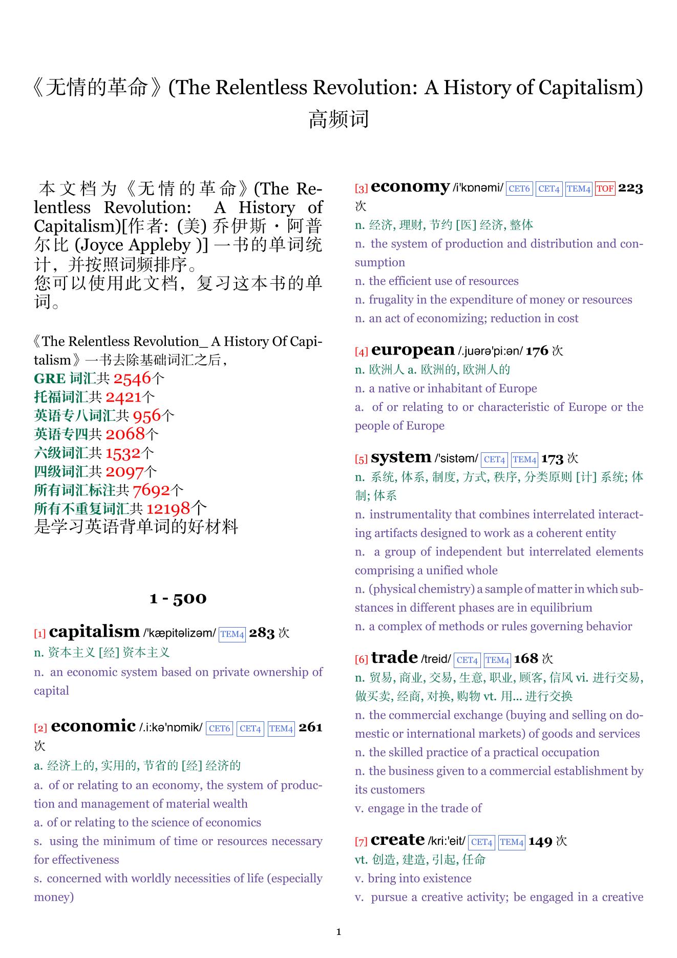 The Relentless Revolution: A History of Capitalism词频统计