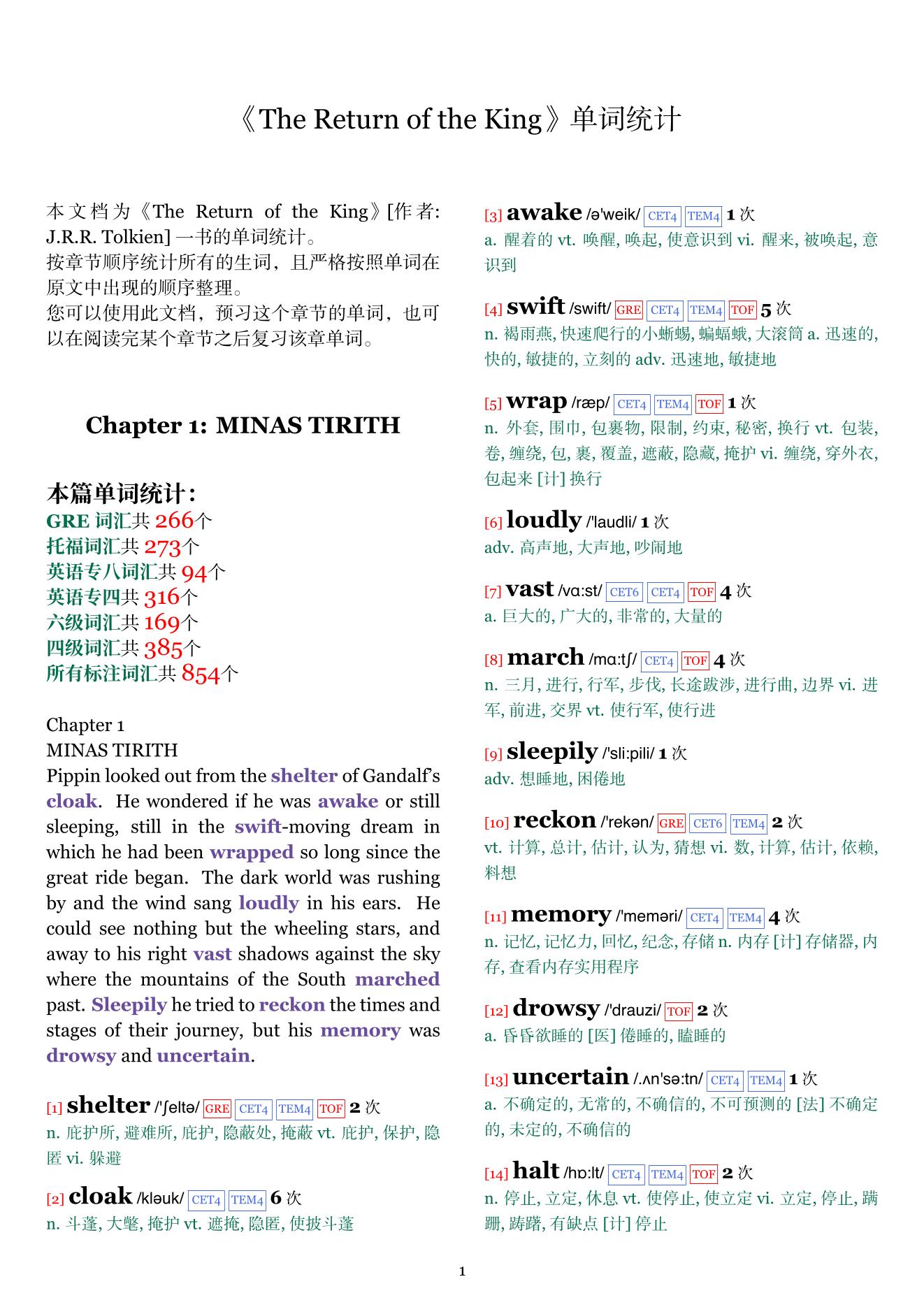The Return of the King章节单词统计