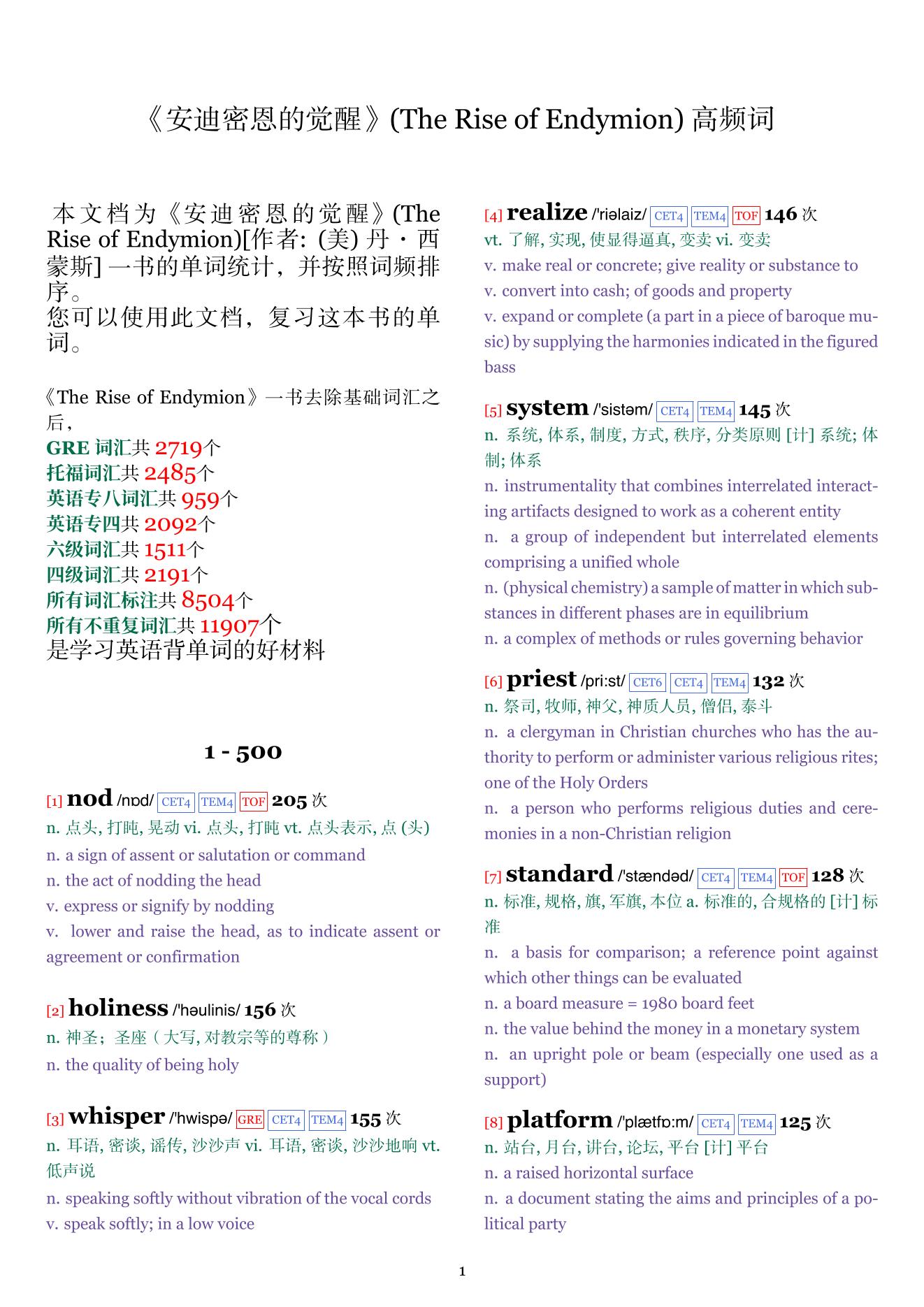 The Rise of Endymion词频统计