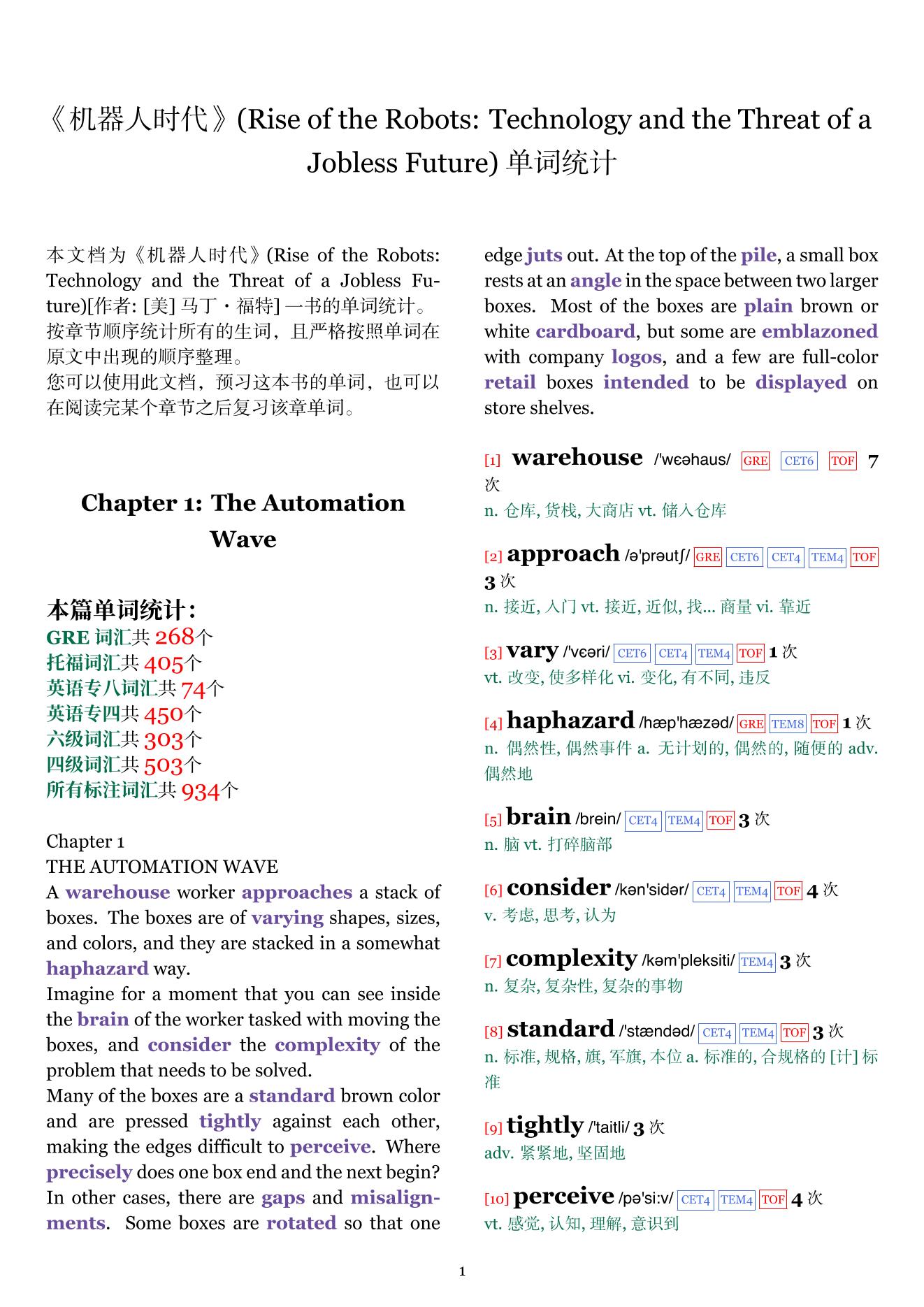 Rise of the Robots: Technology and the Threat of a Jobless Future章节单词统计