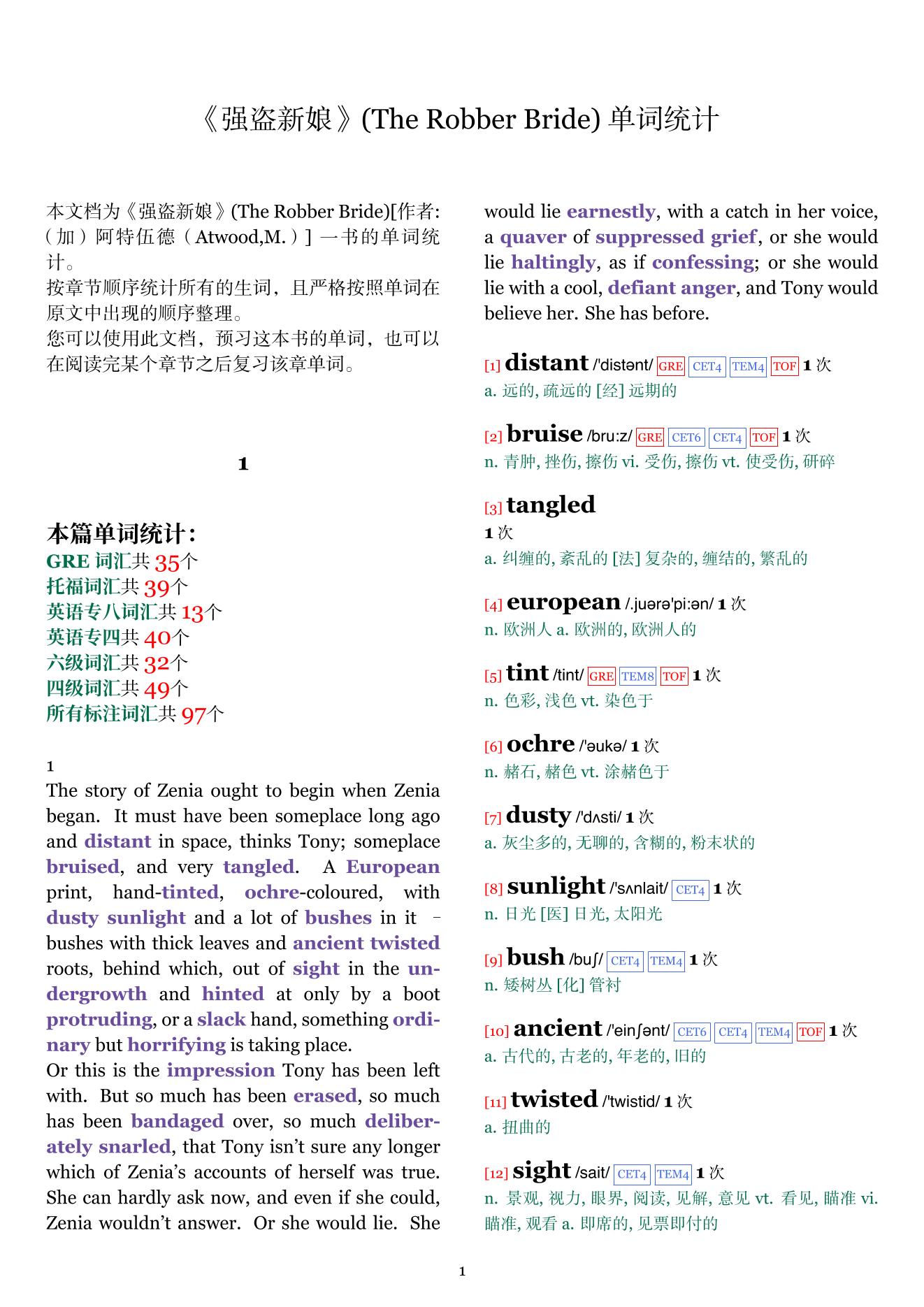 The Robber Bride章节单词统计