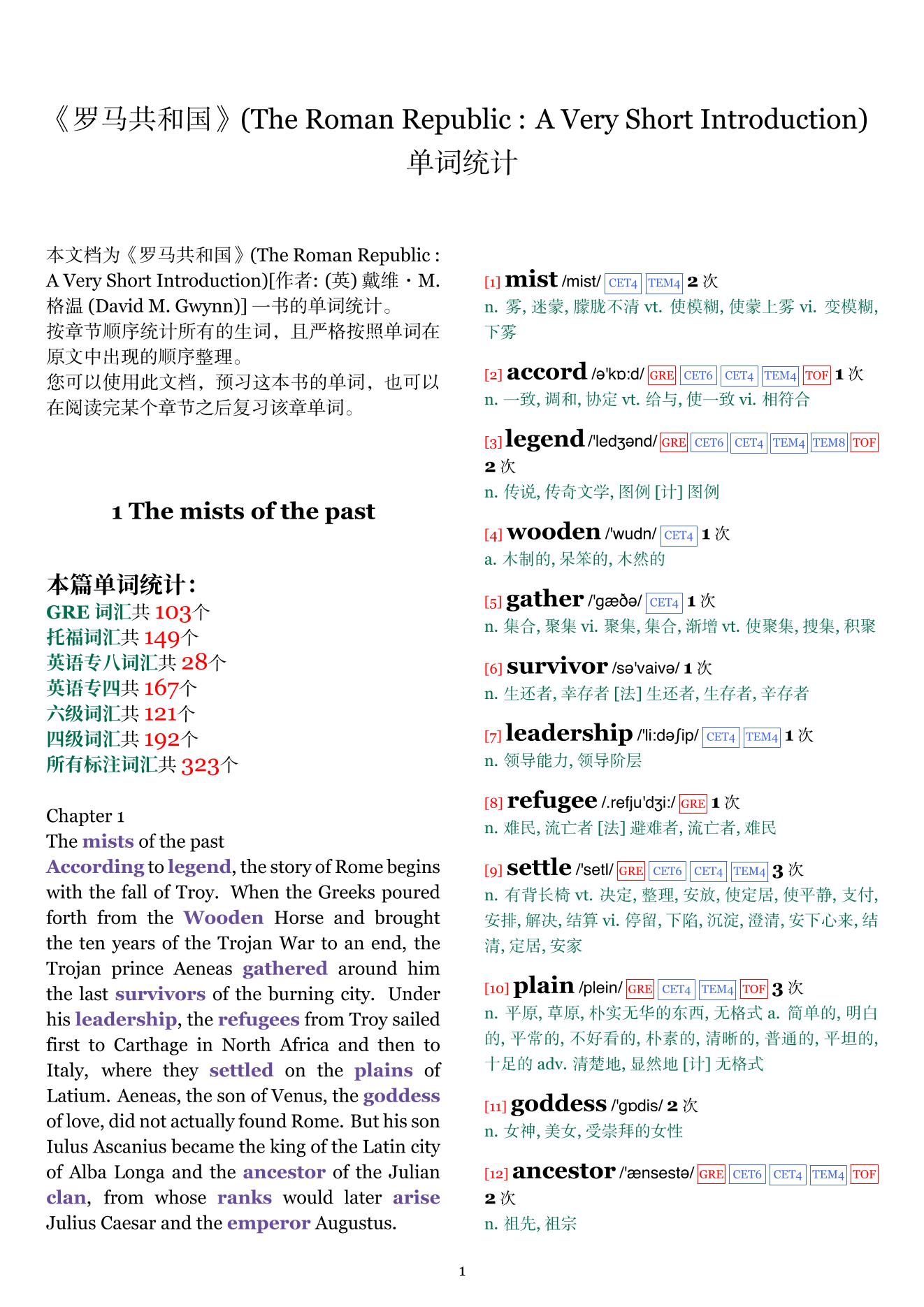 The Roman Republic : A Very Short Introduction章节单词统计